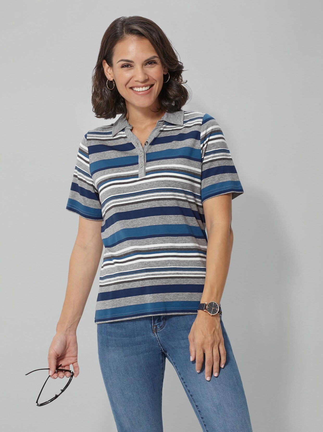 Poloshirt - blau-grau-geringelt