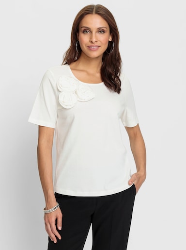 Kurzarmshirt mit Blüten-Applikationen - ecru
