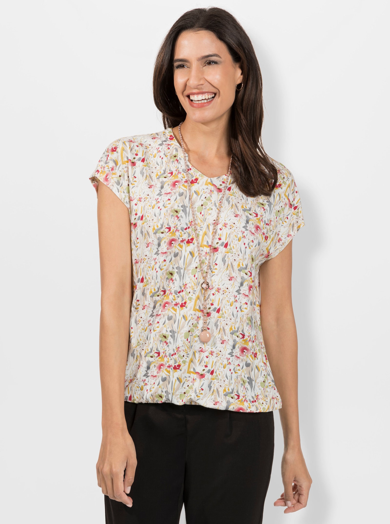 Shirt met print en met kleine V en rimpeling bij de hals - ecru geprint