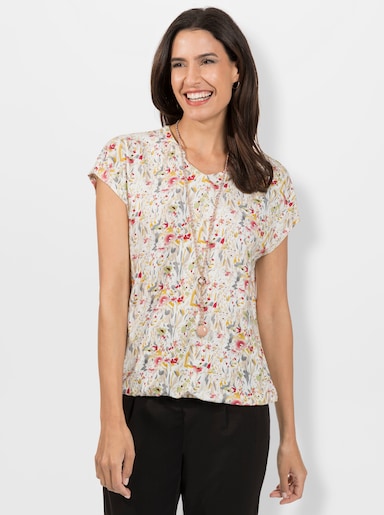 Print-Shirt mit kleinem V und Raffung am Ausschnitt - ecru-bedruckt