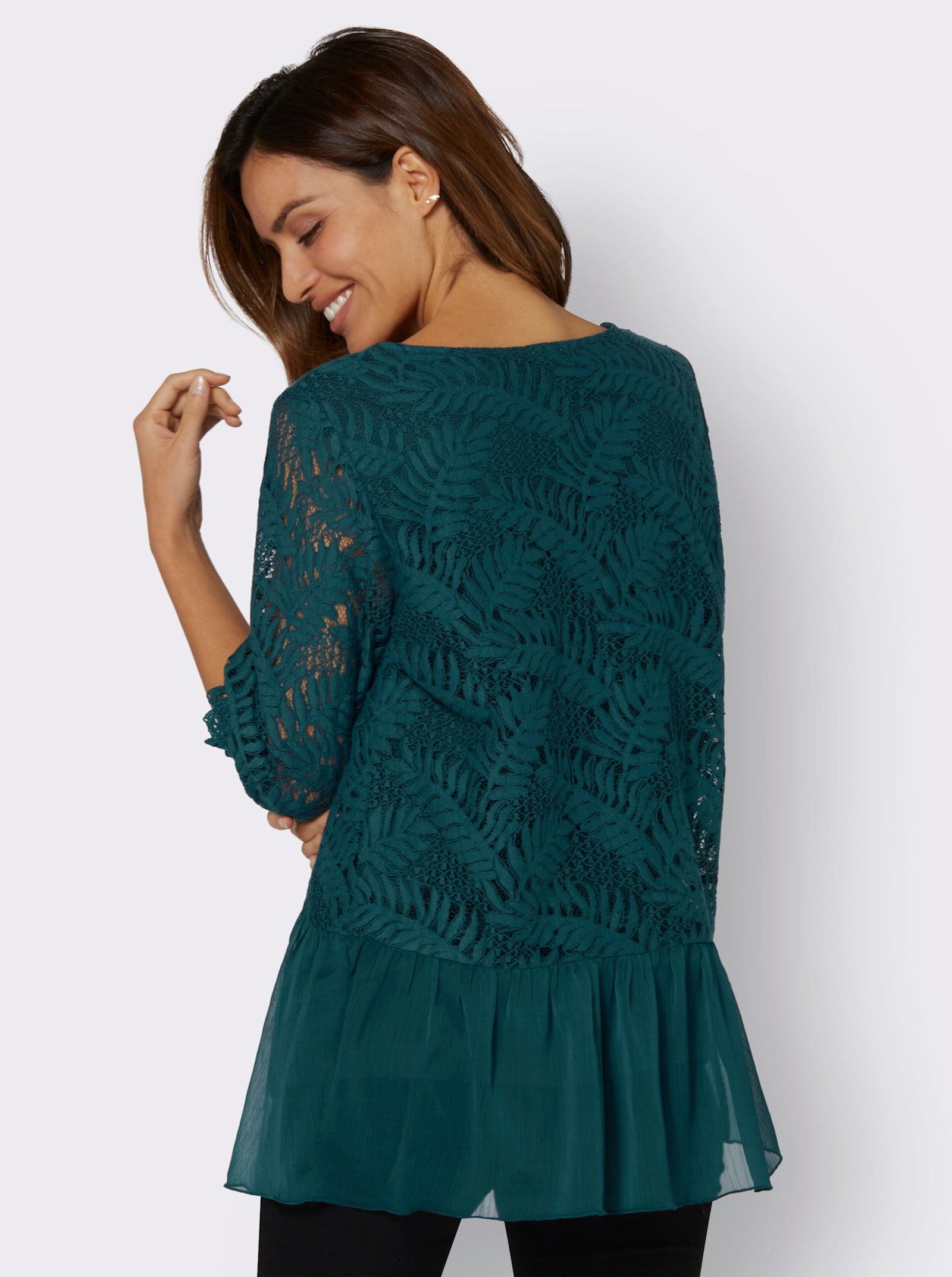 Chiffonblouse met katoenen kant - petrol