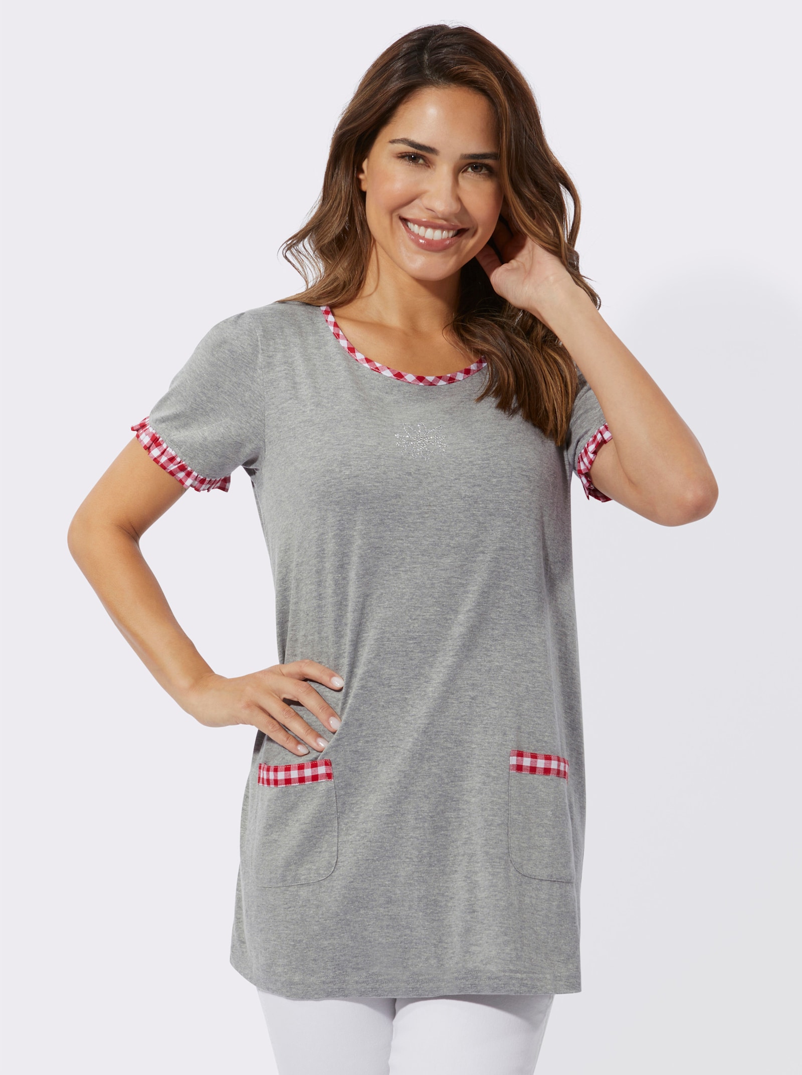 Dl. tričko, kárové detaily - sivá melírovaná