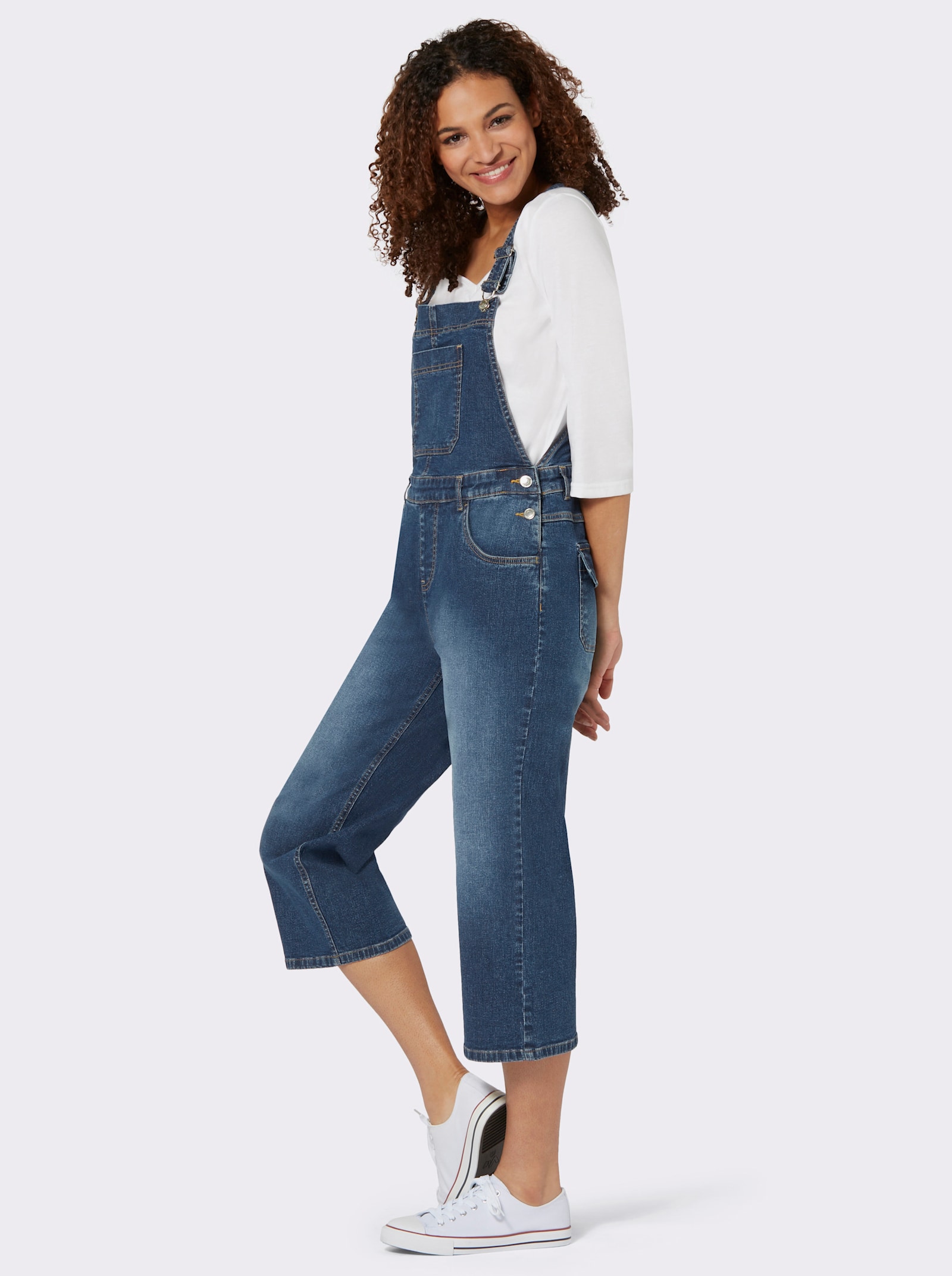 Jeanslatzhose in 3/4-Länge - blue-stone-washed