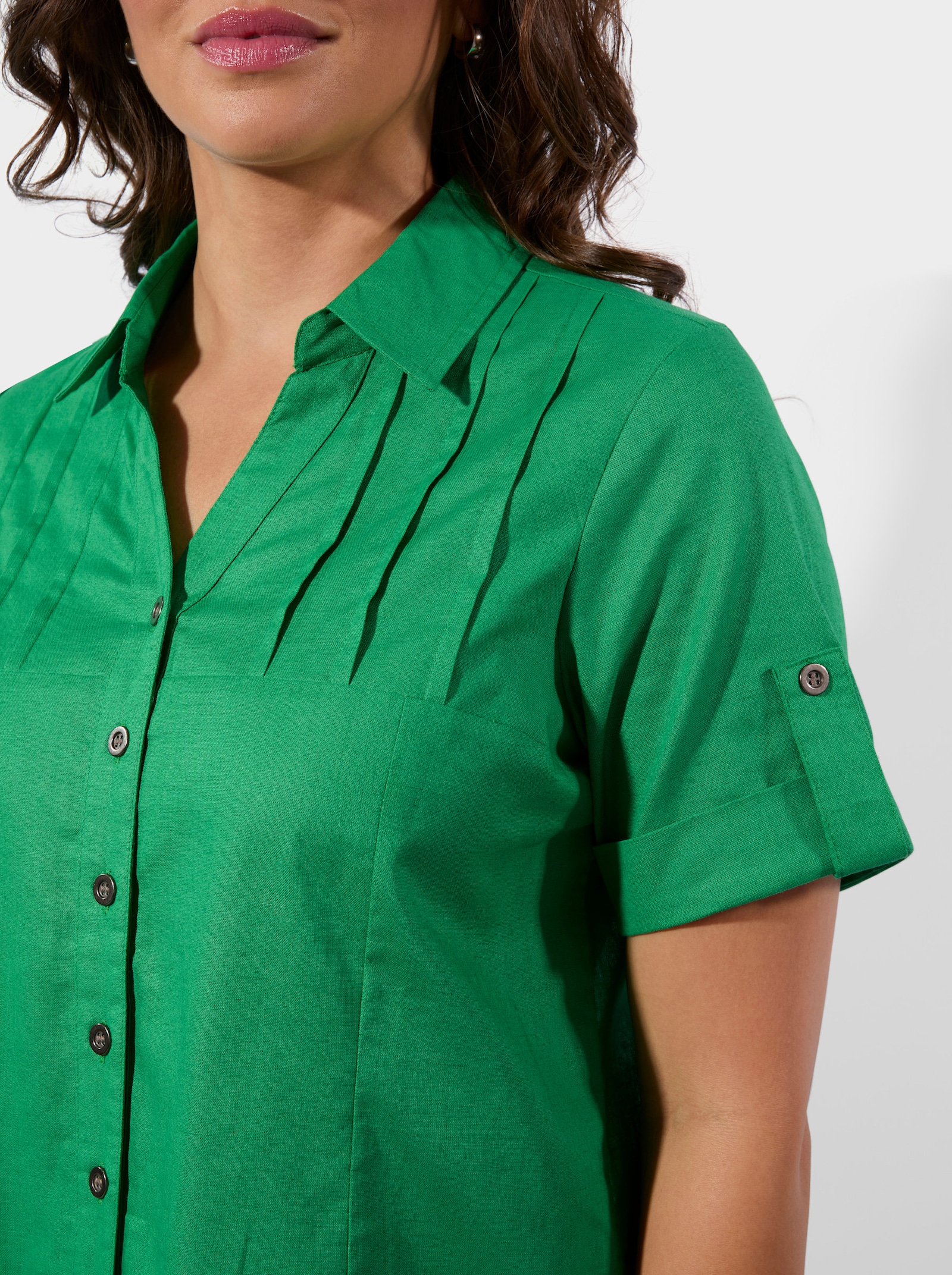 Kurzarm-Bluse im Baumwoll-Leinen-Mix - grasgrün