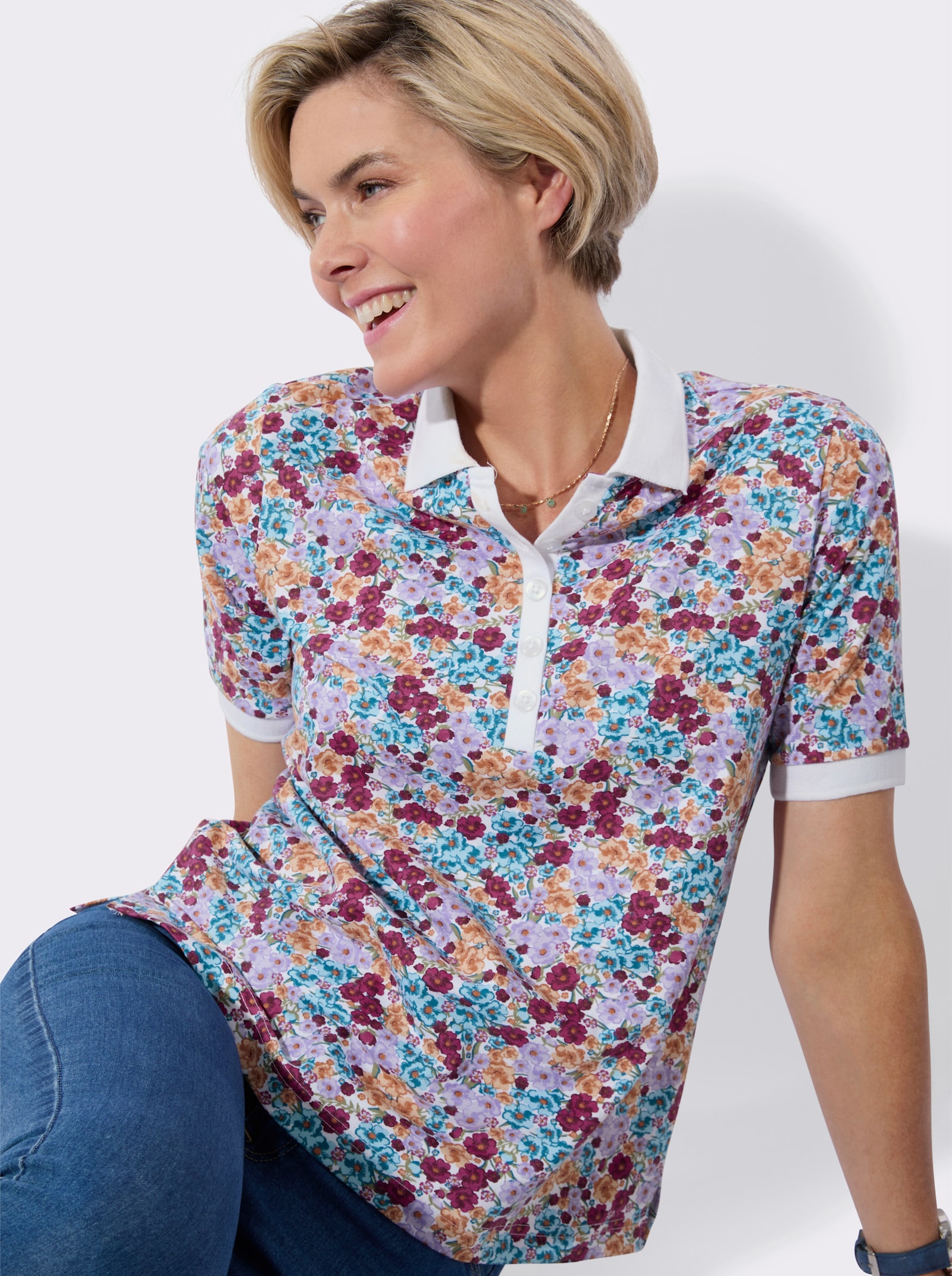 Poloshirt met geribde kraag - aquamarijn/apricot bedrukt