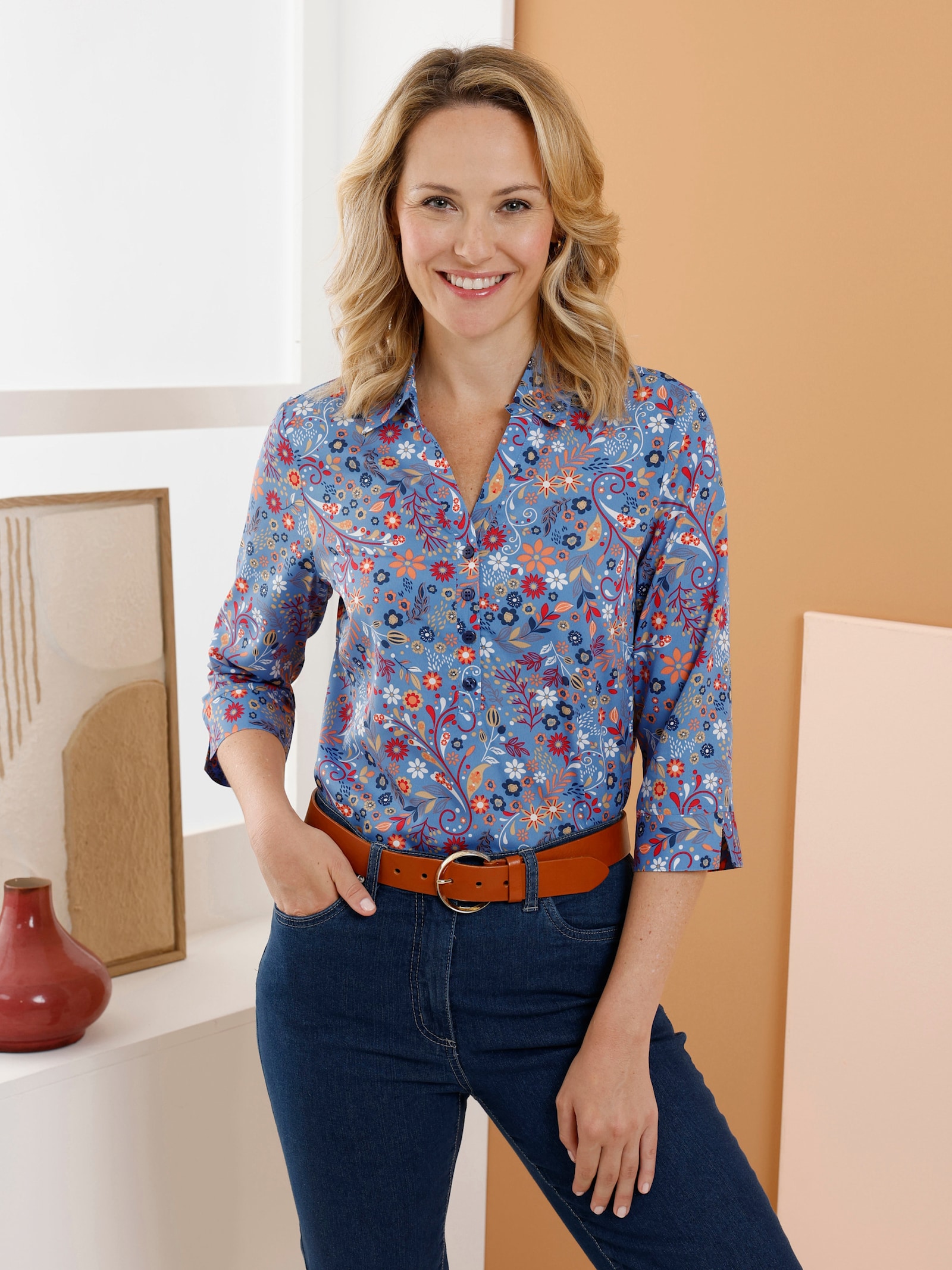 Druckbluse mit Blumen-Muster - dunkelblau-papaya-bedruckt