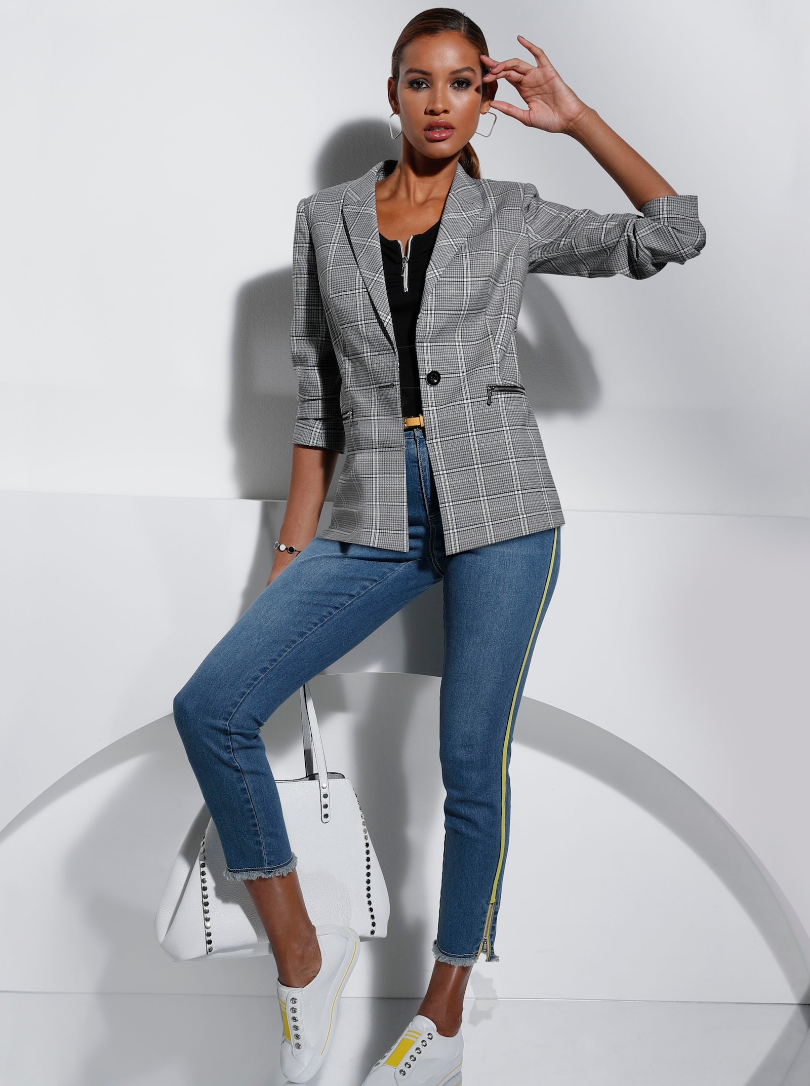 Blazer mit Zipper-Taschen - schwarz-weiß-kariert