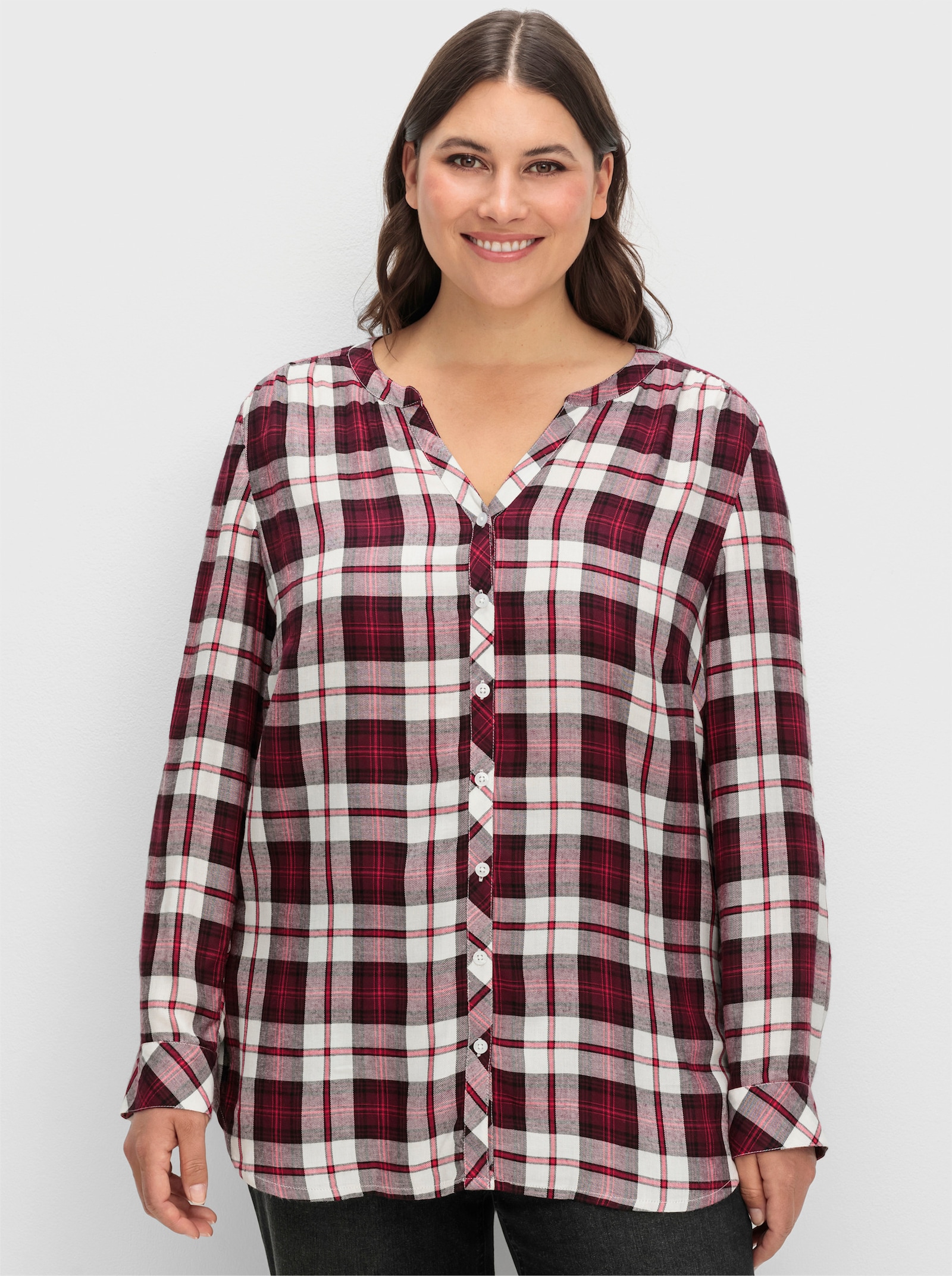 sheego Geruite blouse met opstroopbare mouwen - wijnrood geruit