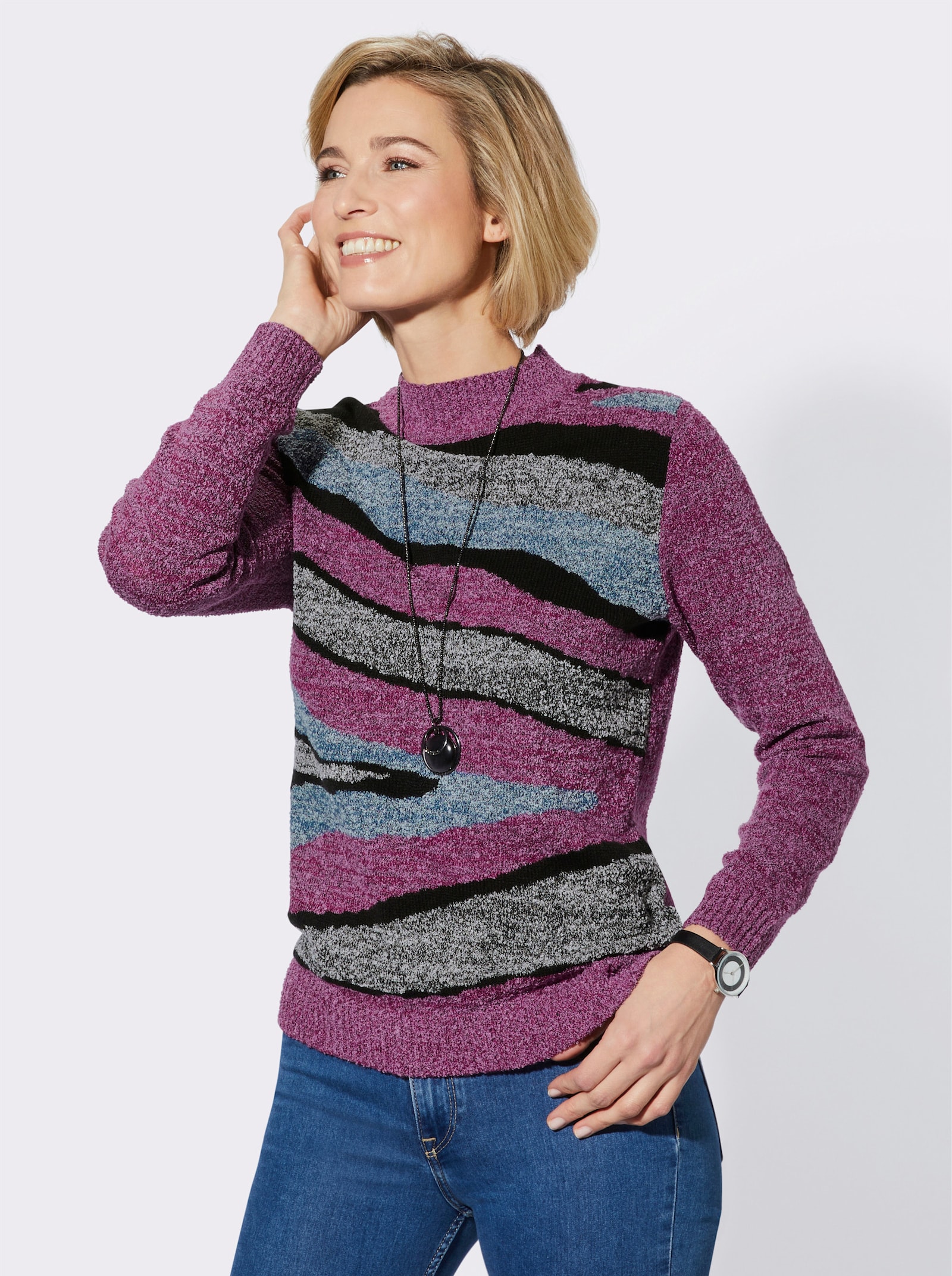 Stehkragenpullover mit Intarsien-Strickmuster - malve-meliert