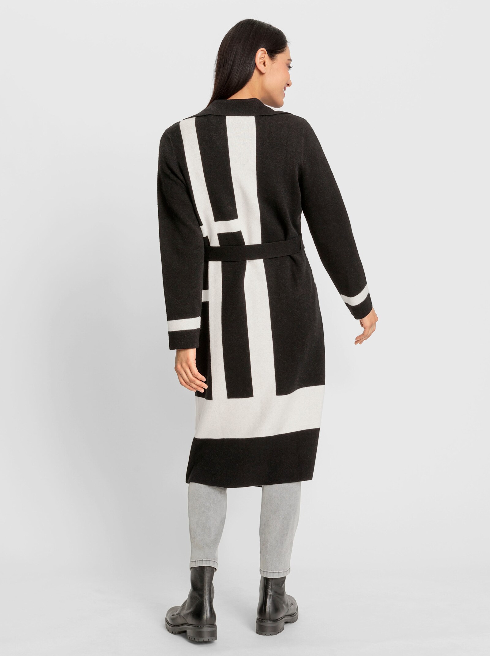 heine Strickmantel mit Reverskragen - schwarz-ecru-gemustert