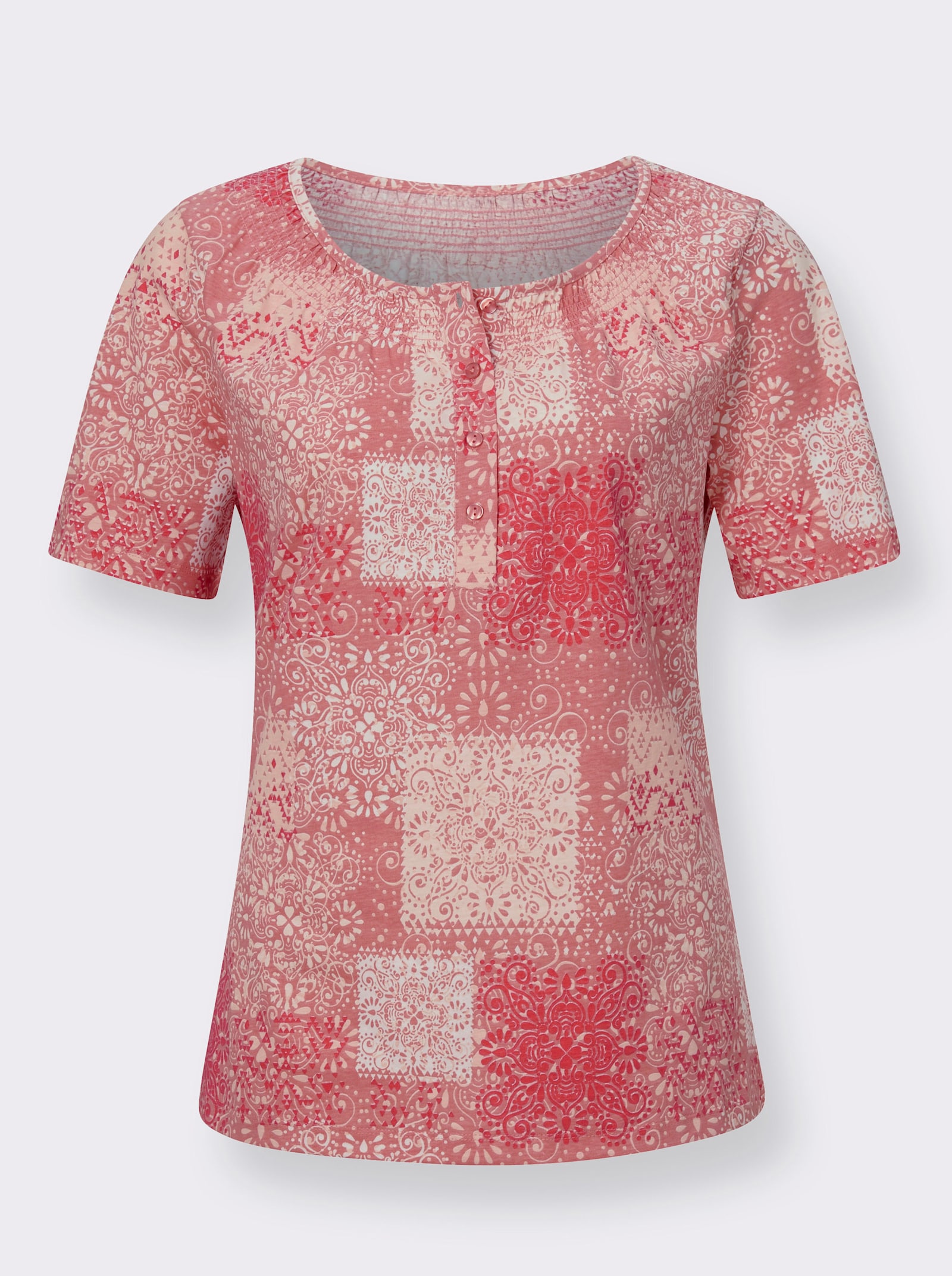 Rundhalsshirt mit Knopfleiste, kurz - hummer-bedruckt