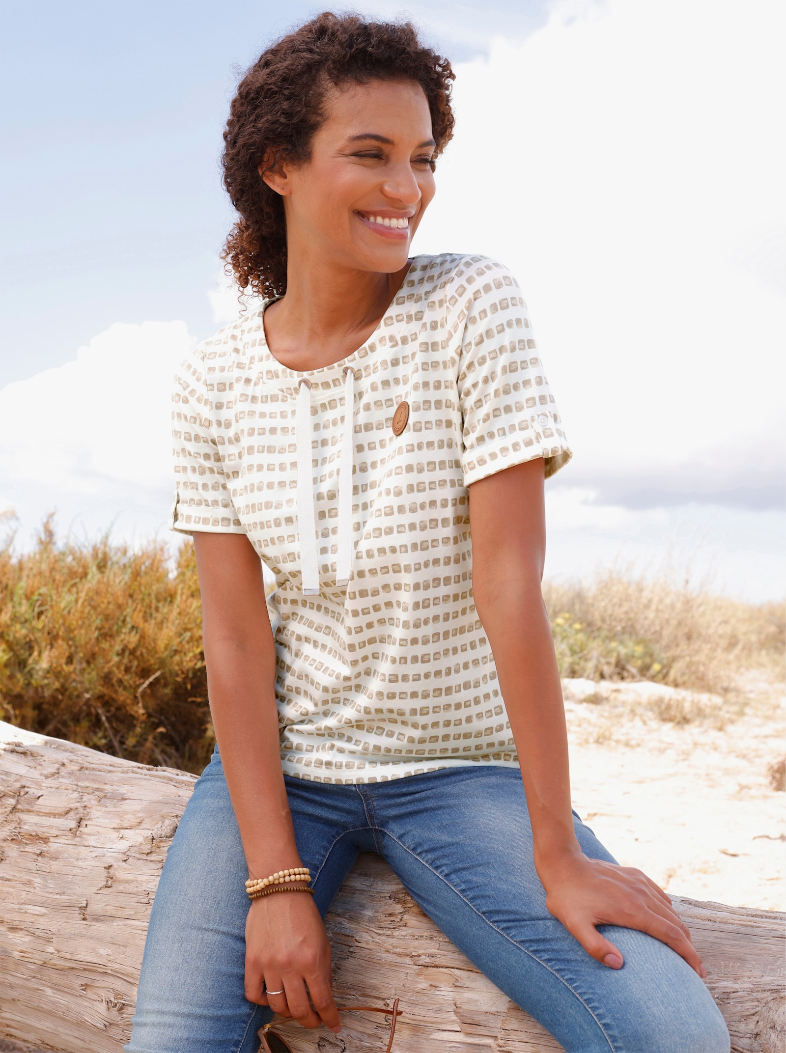 Print-Shirt mit Bindebändern am Ausschnitt - beige-ecru-bedruckt