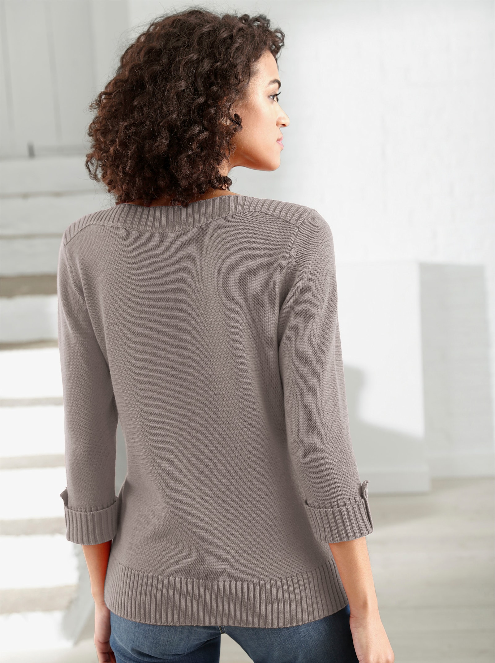 Pull à manches 3/4 avec bride décorative sur les manches - taupe chiné