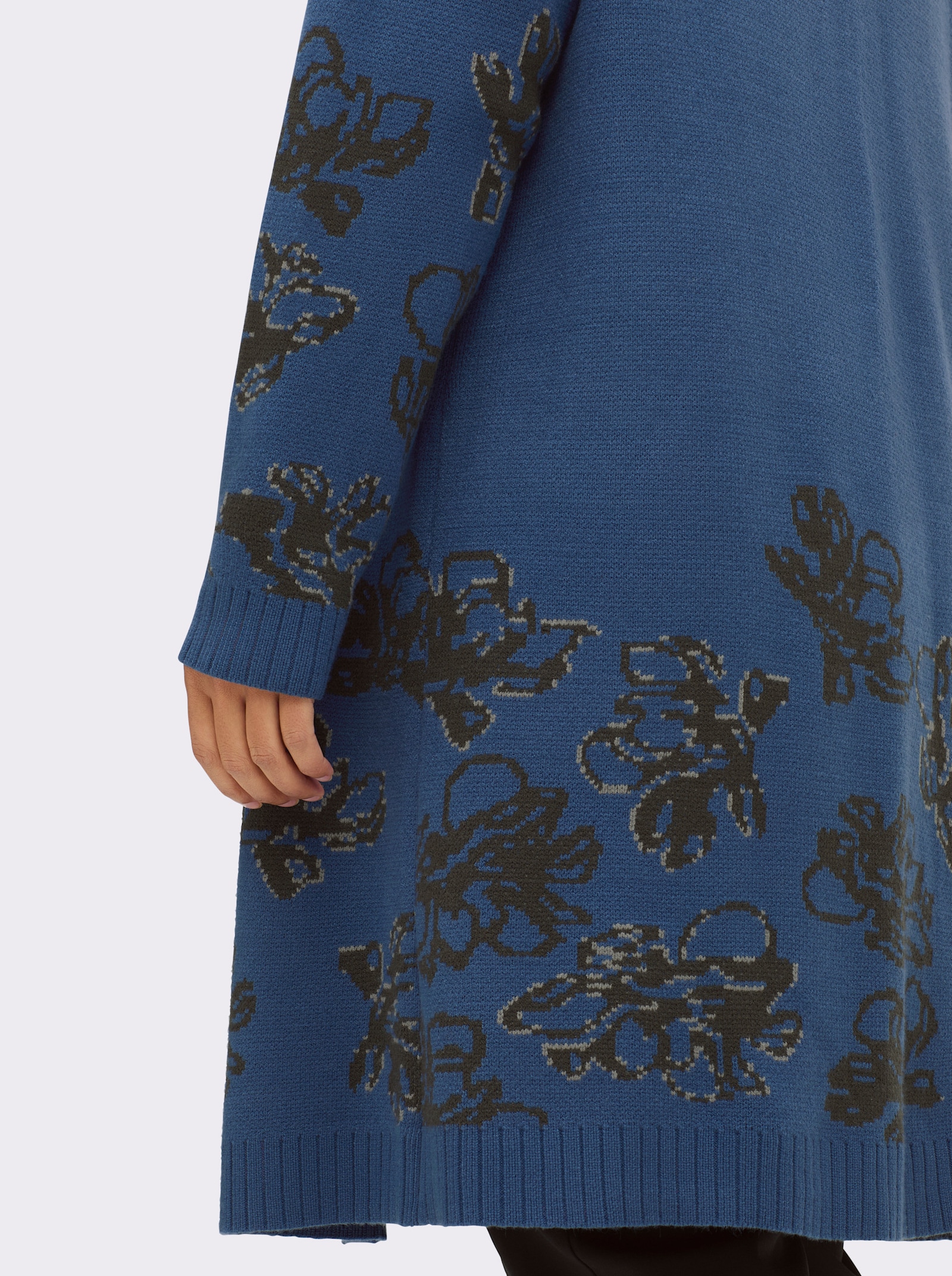 sheego Jacquardstrickjacke mit Blütenmuster - jeansblau-graphit-gemustert