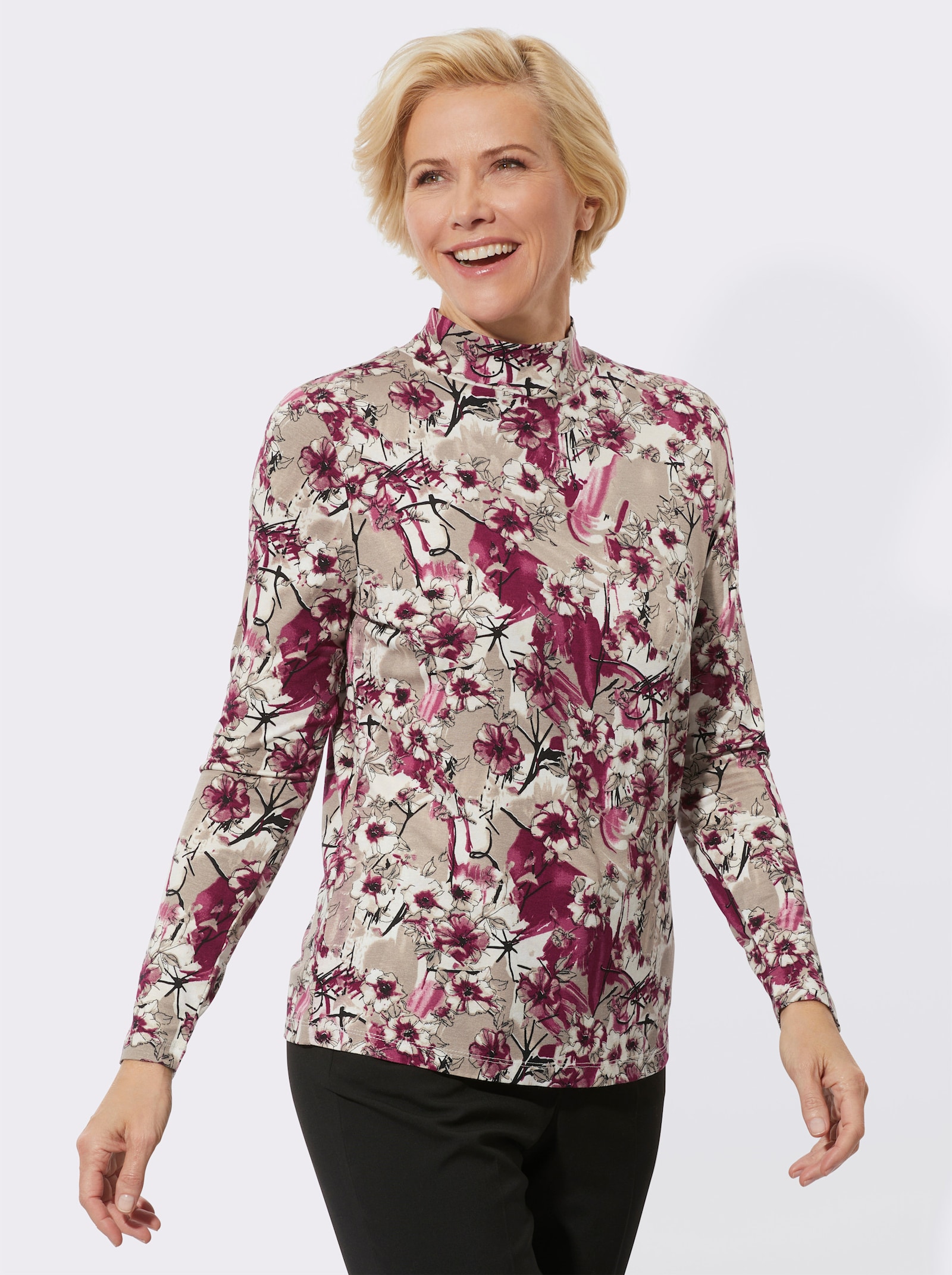 Stehkragenshirt in ECOVERO-Qualität von Lenzing - bordeaux-taupe-bedruckt