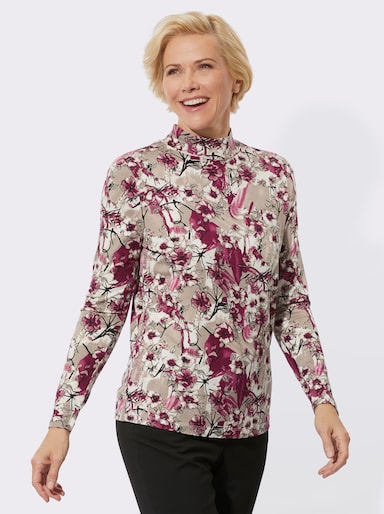 Stehkragenshirt in ECOVERO-Qualität von Lenzing - bordeaux-taupe-bedruckt