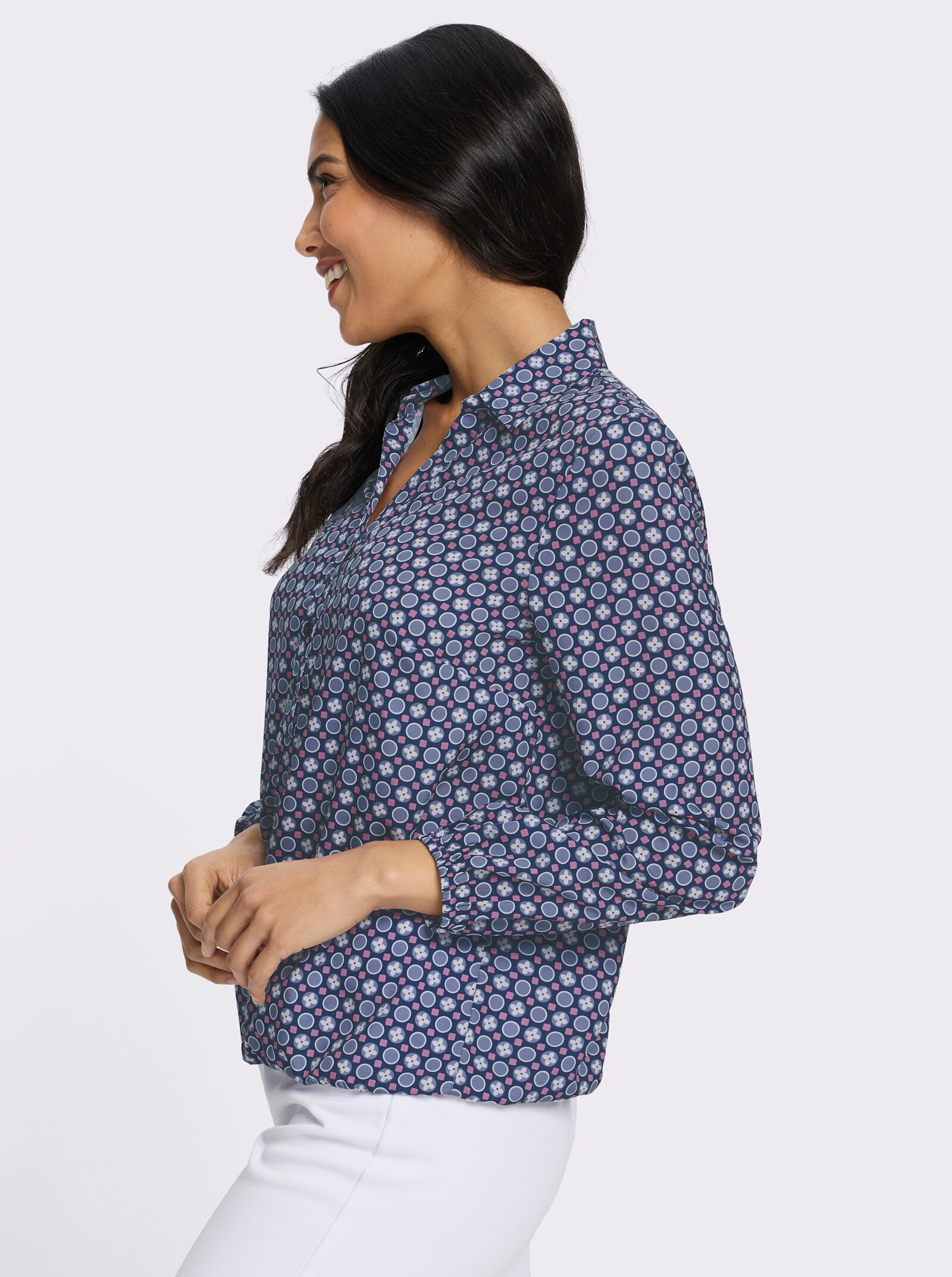 Schlupfbluse mit Gummibündchen - dunkelblau-taubenblau-bedruckt