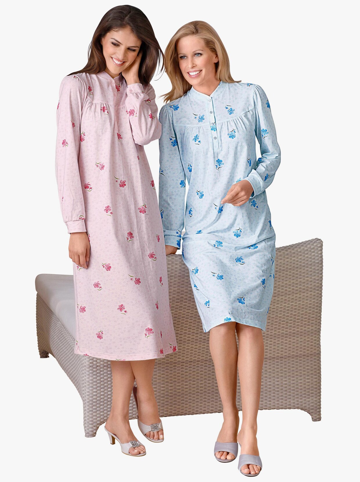 Normann Nachthemd met lange mouwen voor dames, knuffel-interlock-kwaliteit, ook in grote maten, blauw gemêleerd., 36-38