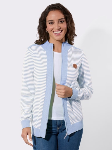 Strickjacke mit gerippten Einsätzen - hellblau-weiß-geringelt
