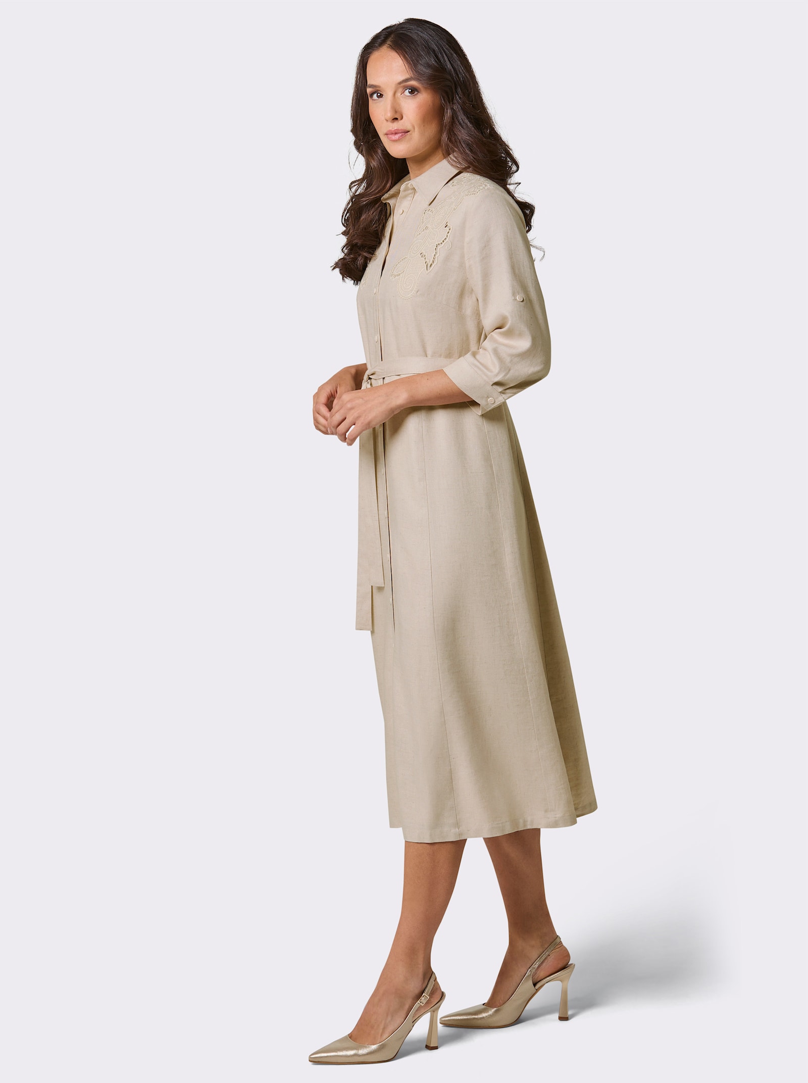 CREATION L PREMIUM Hemdblusenkleid mit Bindegürtel - sand-meliert