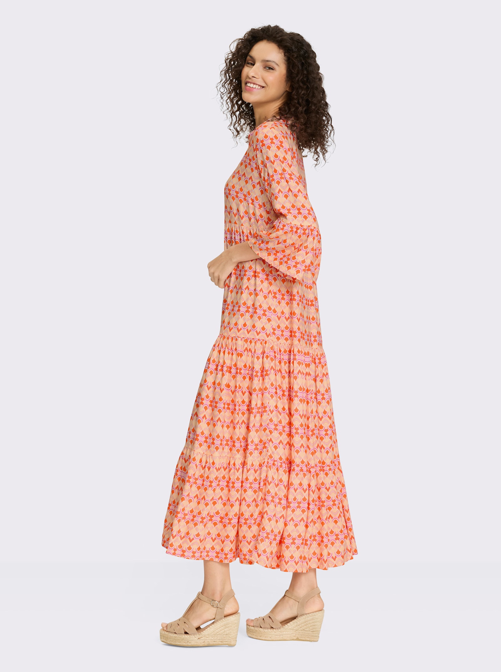 heine Druckkleid mit Volant-Ärmeln - apricot-orange-bedruckt