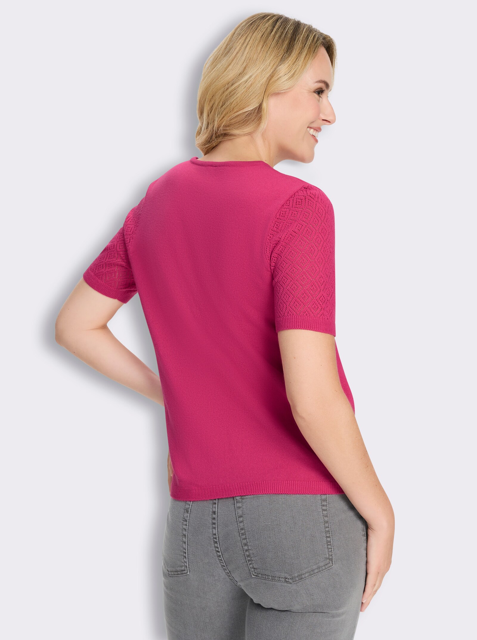 Kurzarmpullover mit Ajourmuster - fuchsia