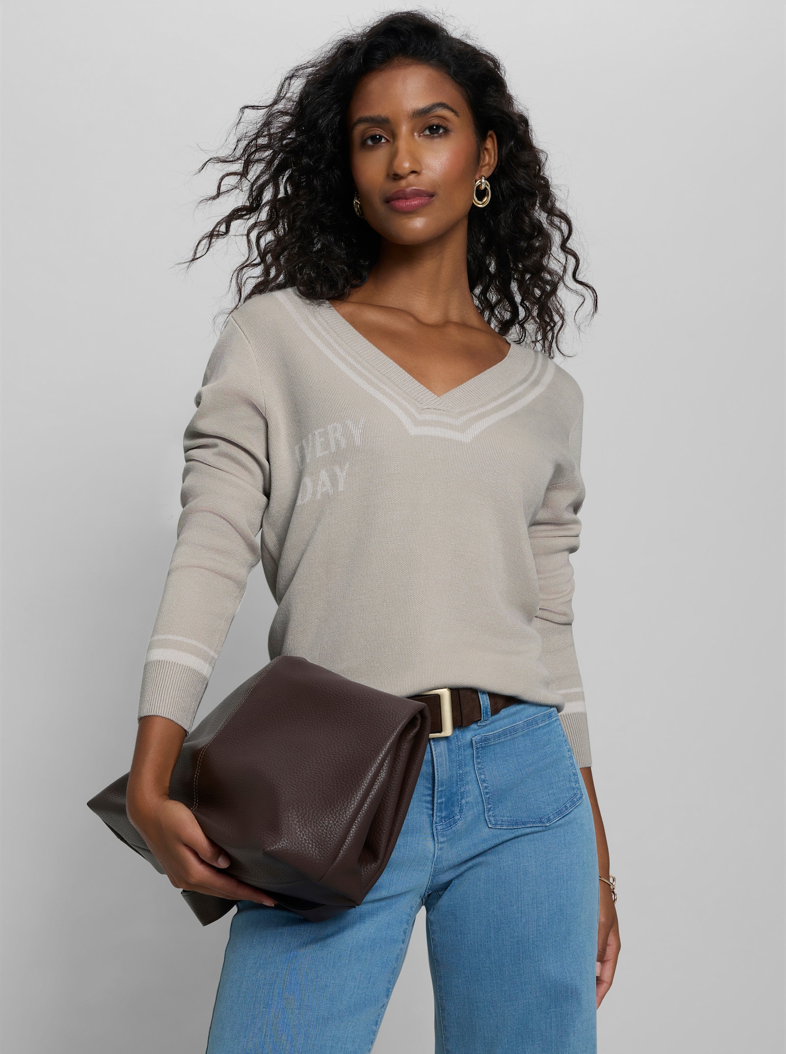 heine Pullover mit tiefem V-Ausschnitt - hellgrau-ecru