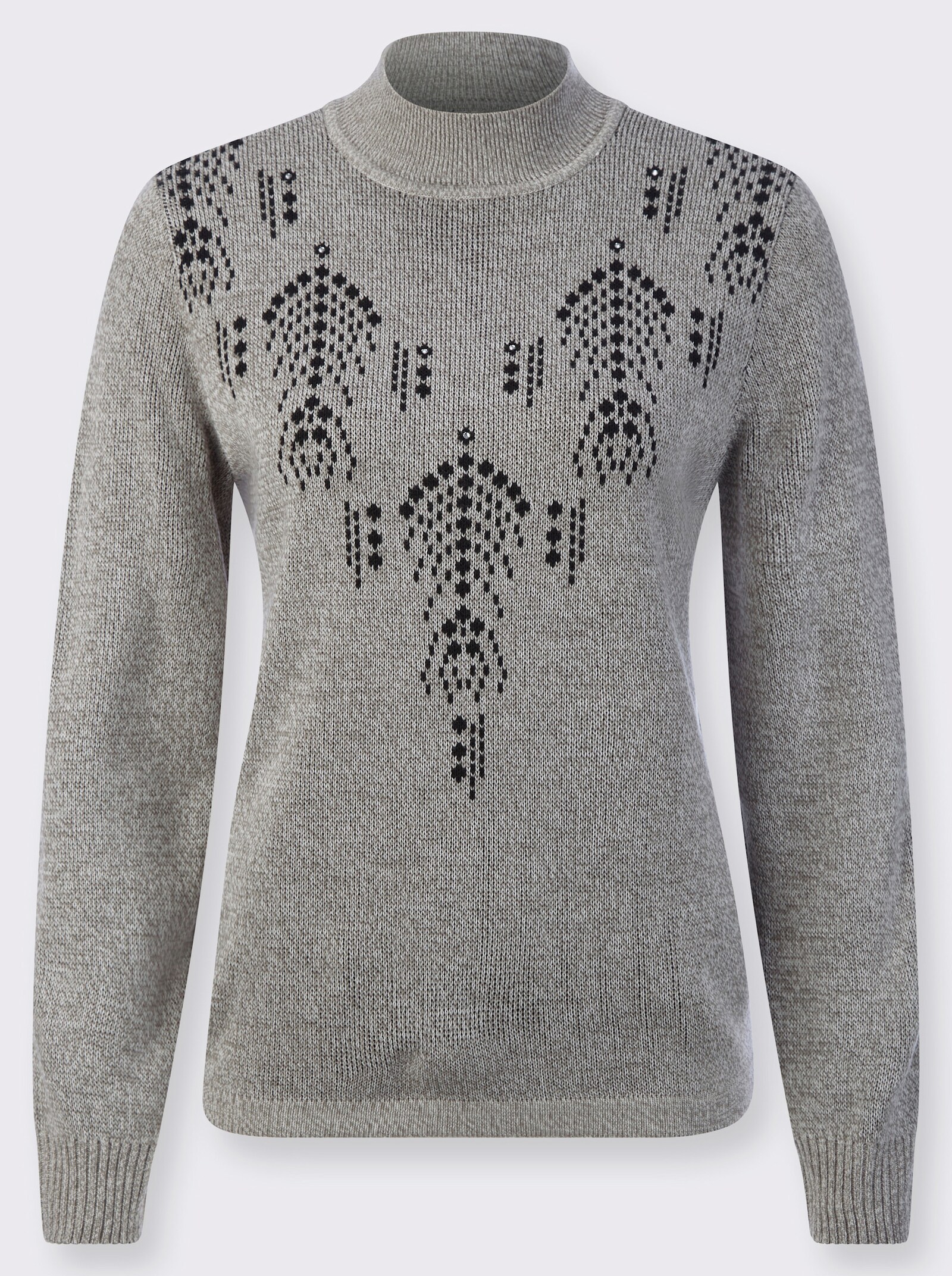 Pullover met opstaande kraag en siersteentjes - grijs gemêleerd