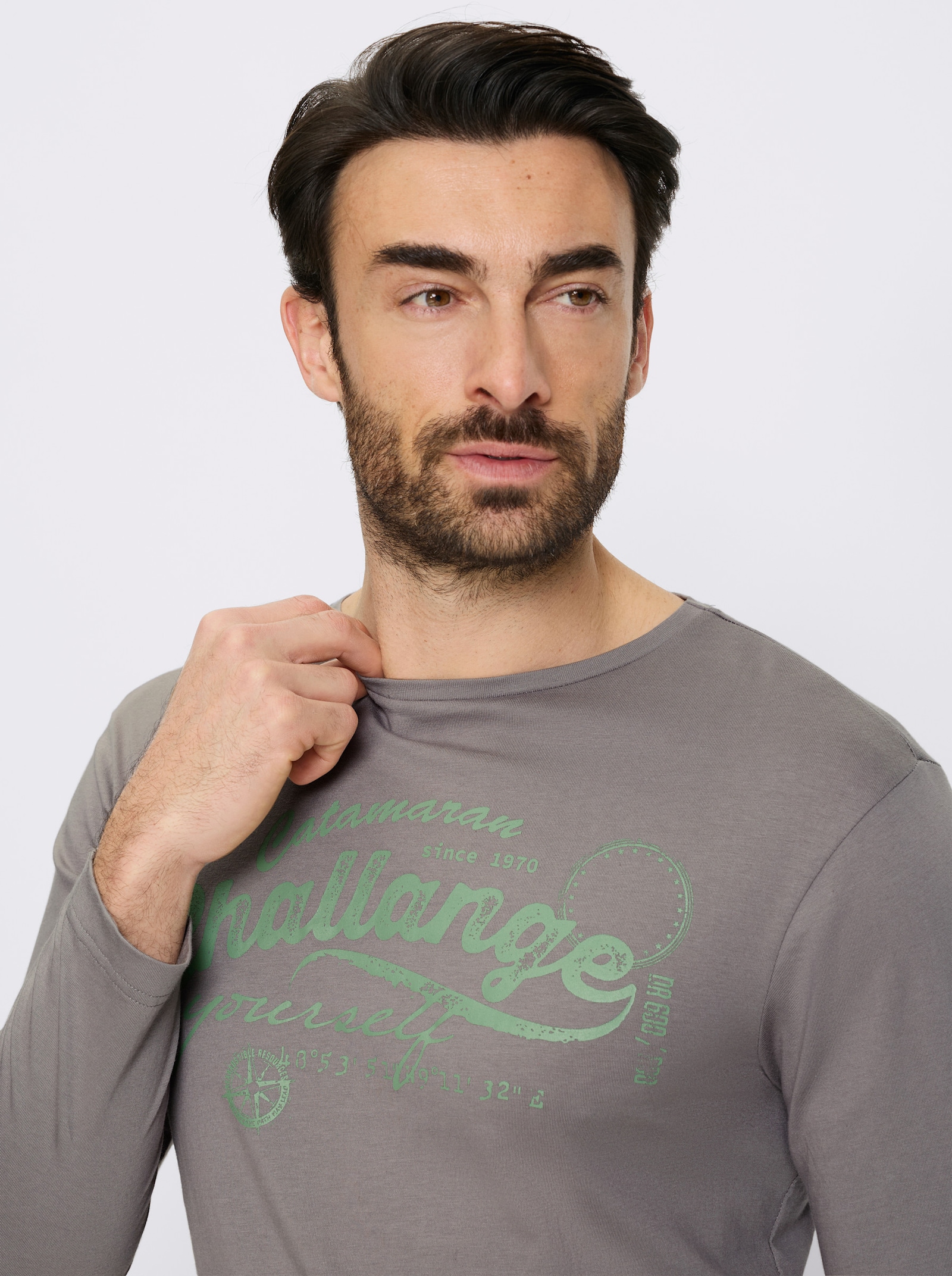 Catamaran Langarmshirt mit Front-Print - grau-eucalyptus-bedruckt