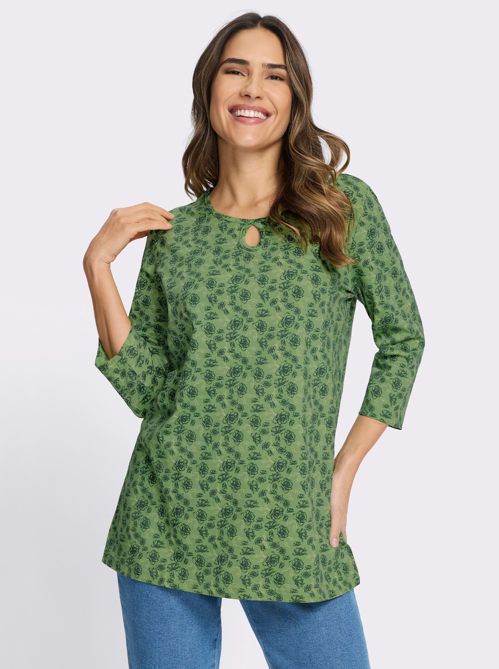 Longshirt mit Tropfen-Ausschnitt - eucalyptus-moos-bedruckt