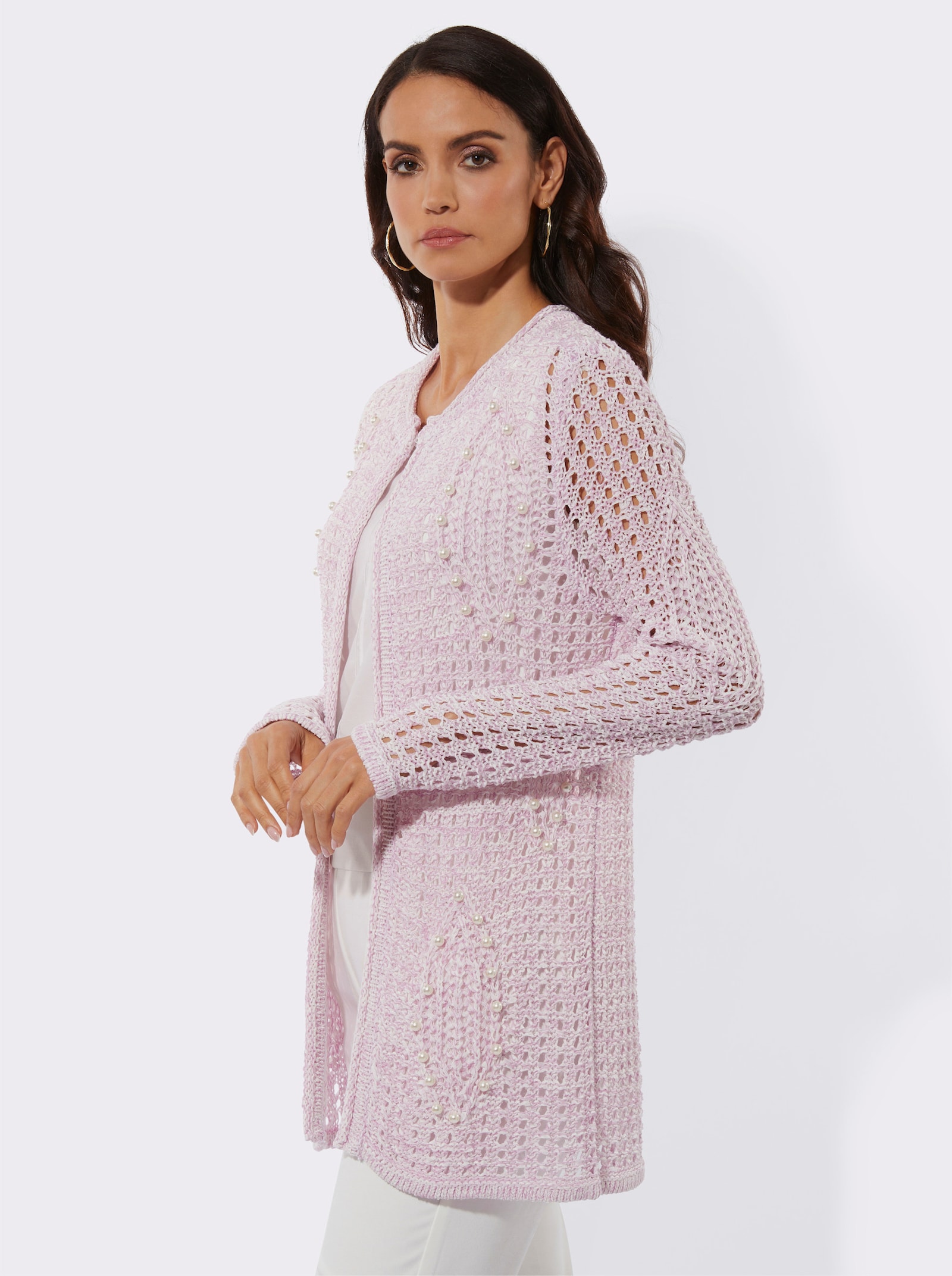 Longstrickjacke mit Hakenverschluss - ecru-orchidee-meliert