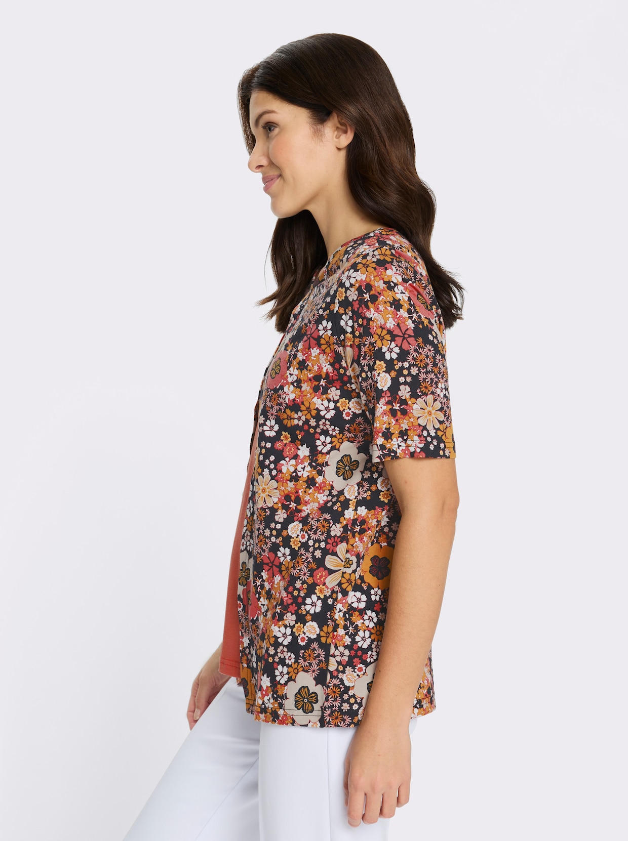 2-in-1-Shirt mit floralem Muster - schwarz-papaya-bedruckt