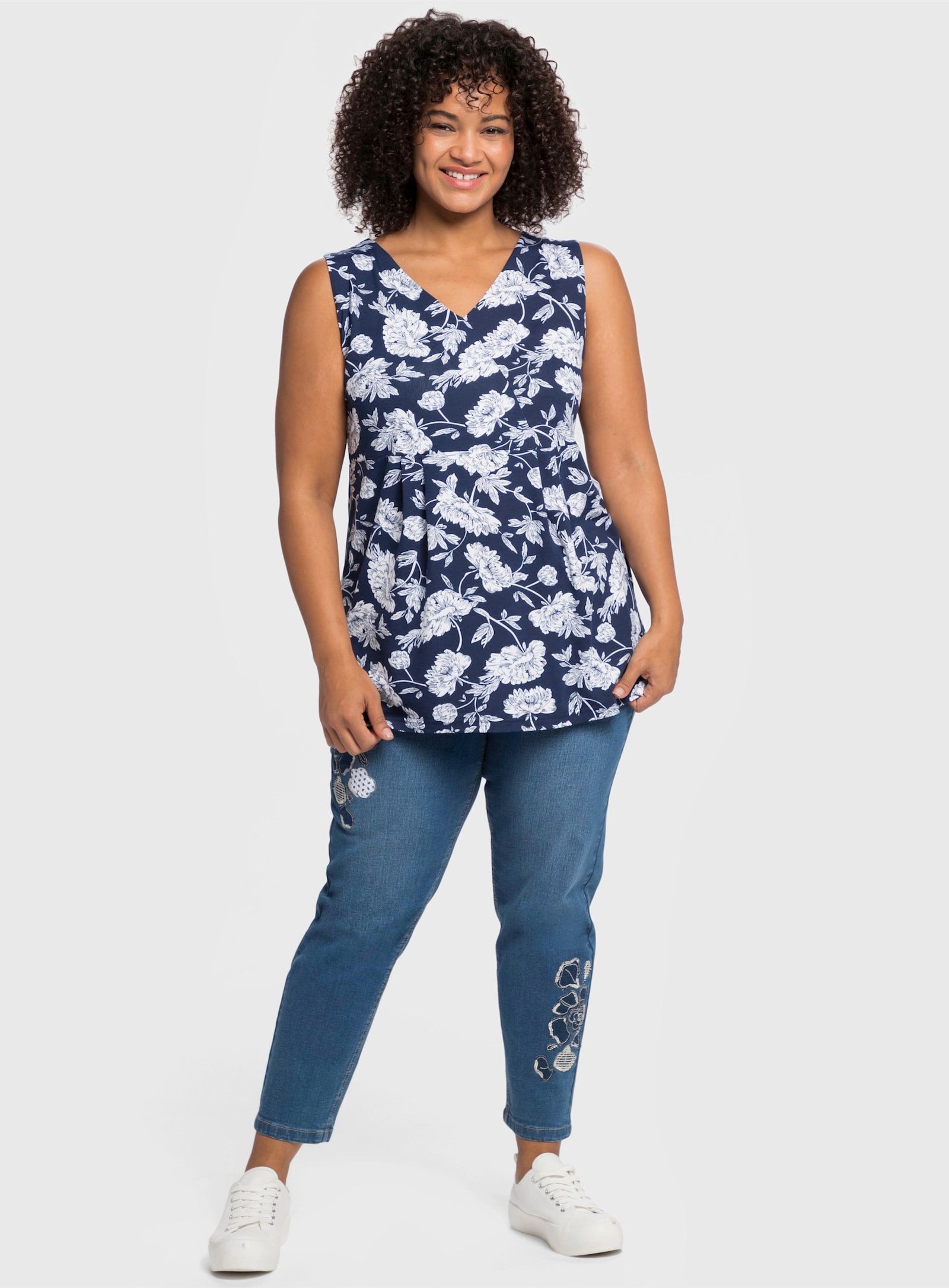 sheego by Joe Browns Longtop mit Spitze im Rücken - blau bedruckt