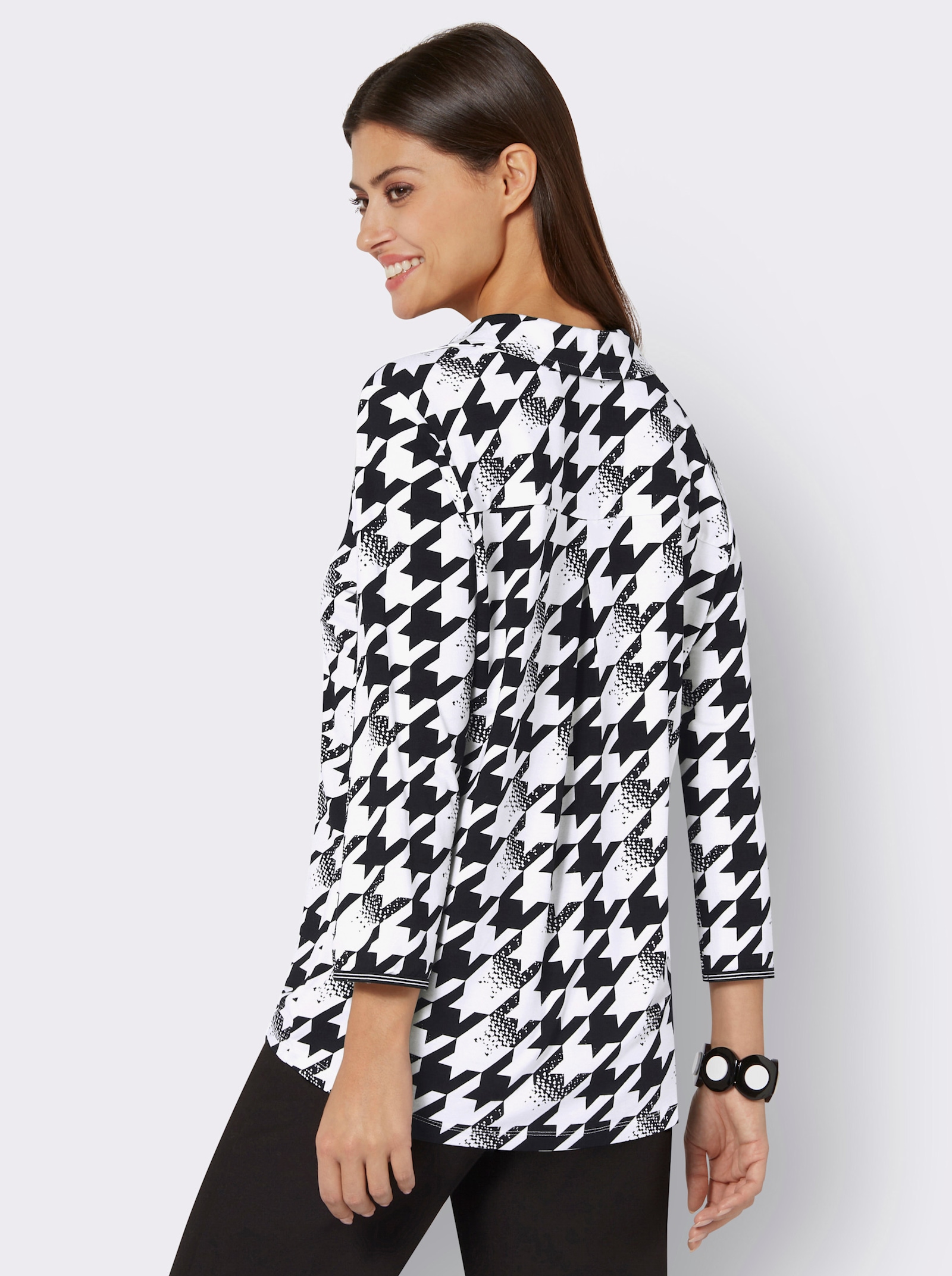 Poloshirt met 3/4-mouwen - zwart/ecru geprint