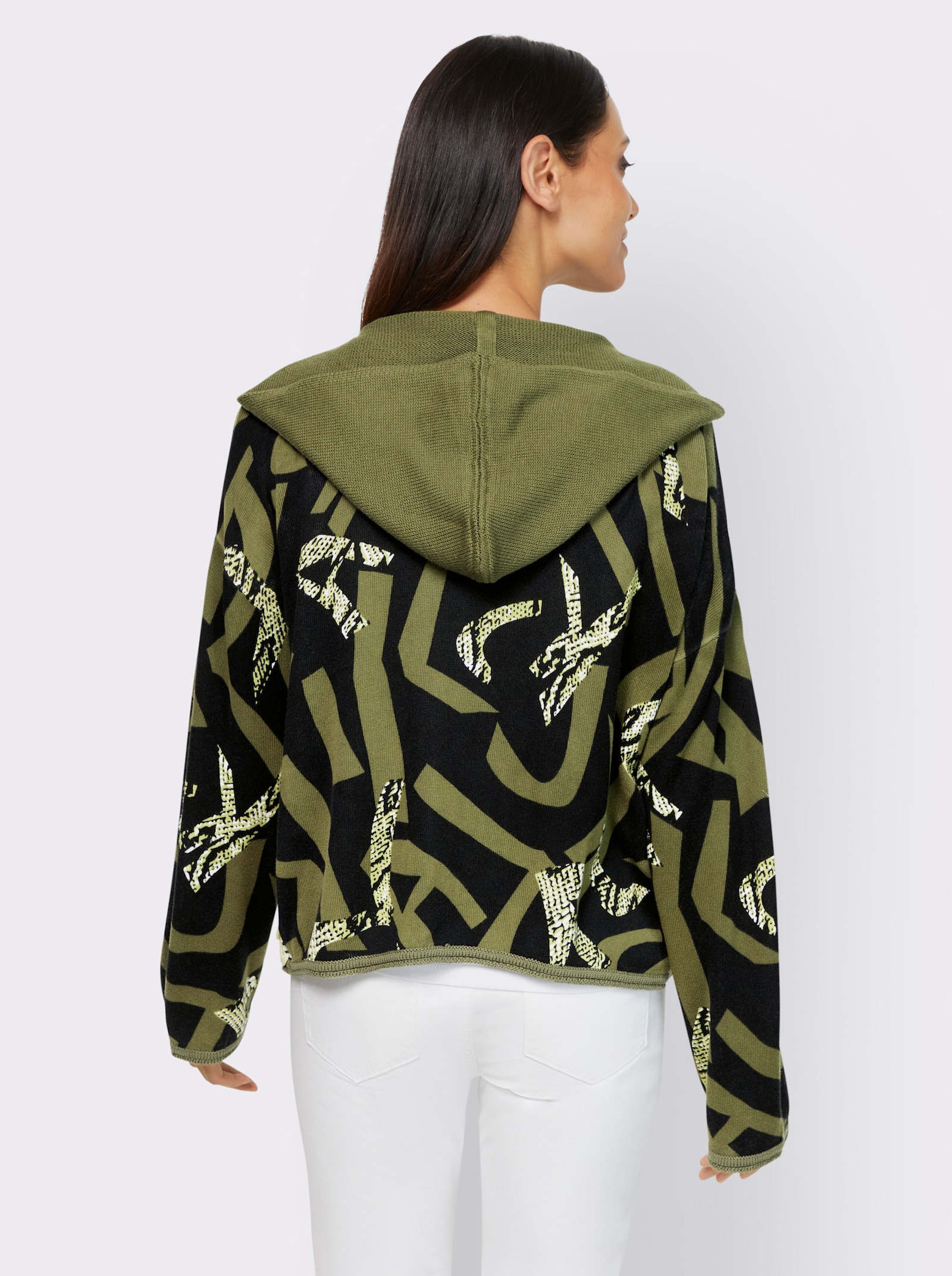heine Veste en tricot à capuche avec patte de boutonnage invisible - olive-noir imprimé