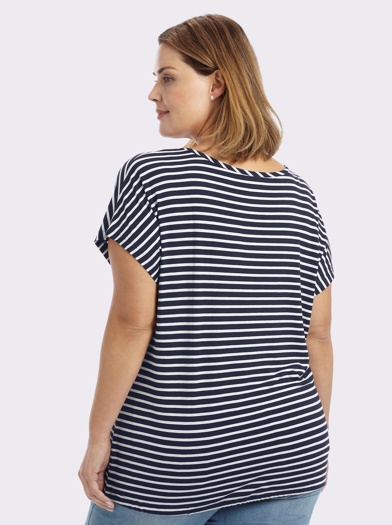 sheego Ringelshirt mit Bindeband am Saum - tiefblau-weiß-gestreift