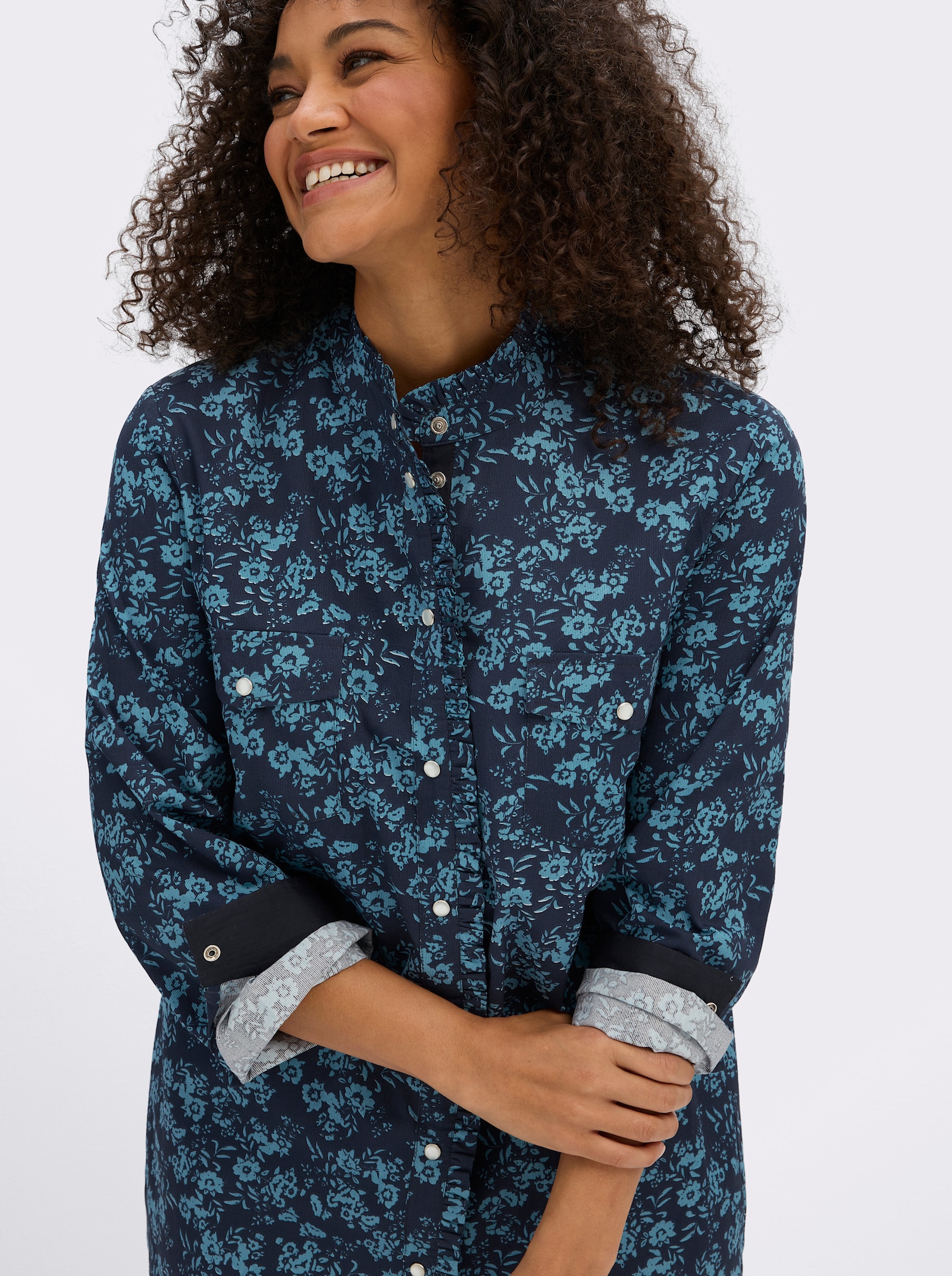 sheego by Joe Browns Druckbluse aus Cord, mit Rüschen-Details - dunkelblau-aquamarin-gemustert