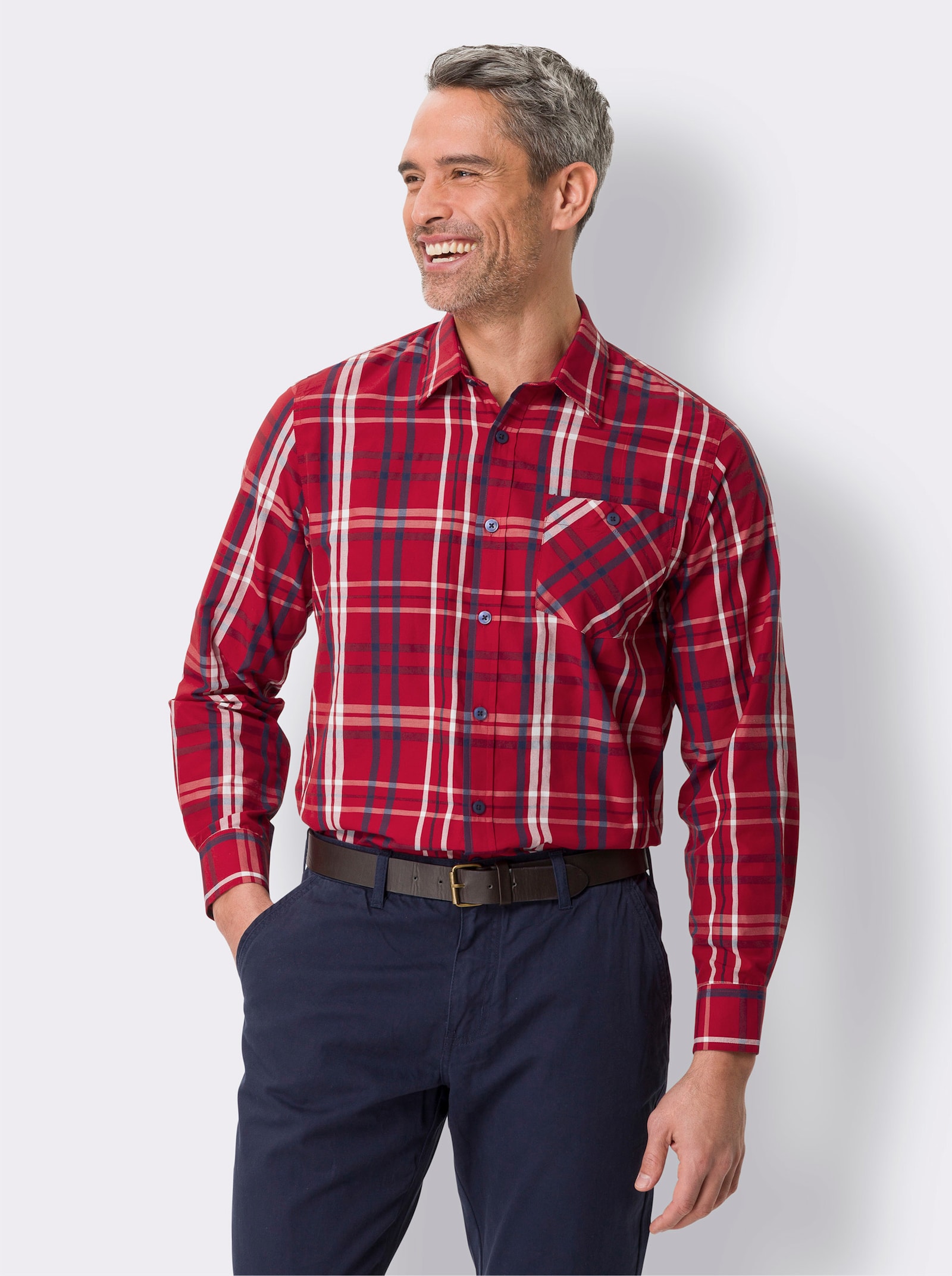 Langarmhemd mit Karomuster - rot-marine-kariert