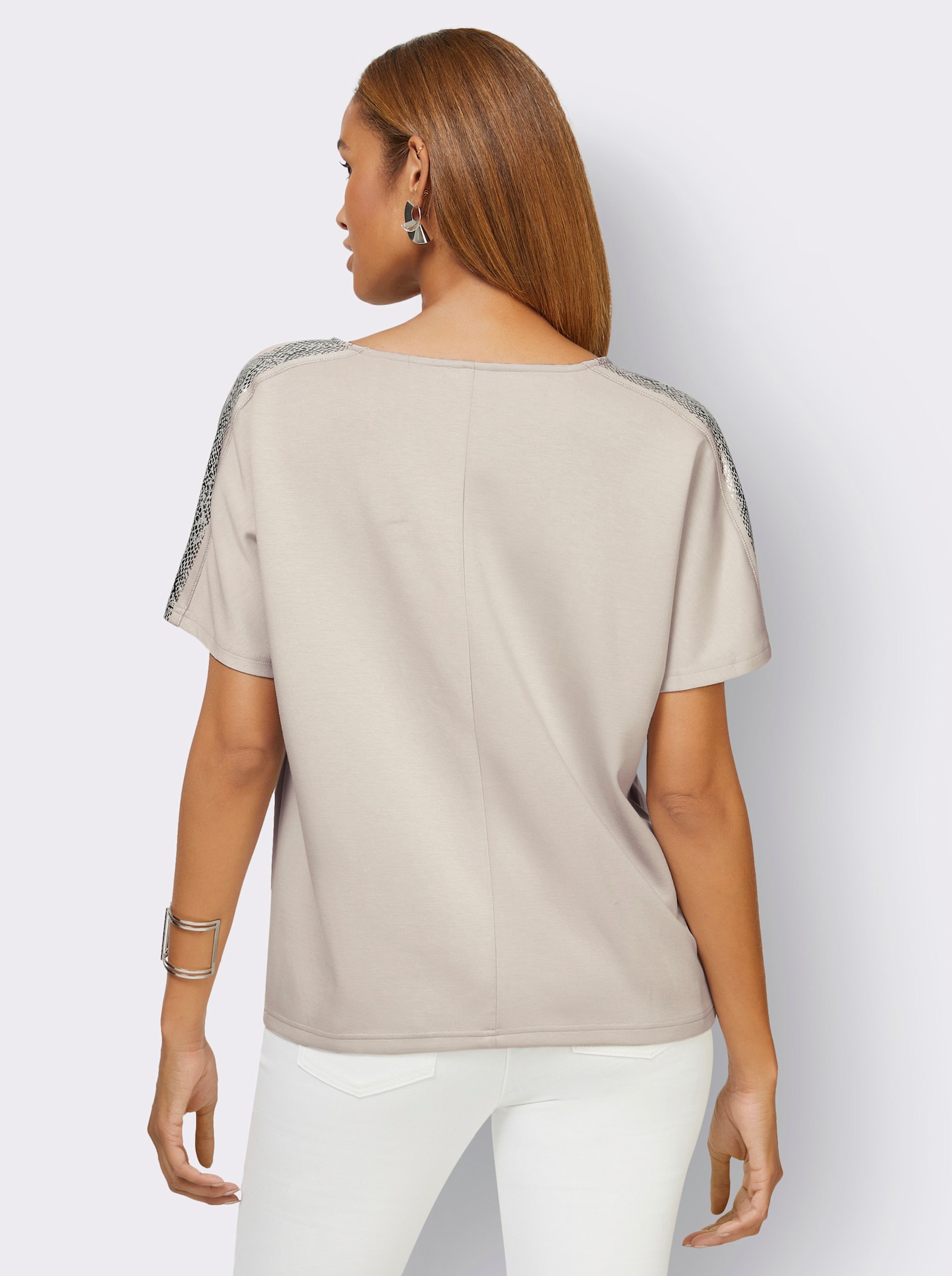 Wasserfallshirt mit überschnittenen Schultern - hellgrau-silberfarben-bedruckt