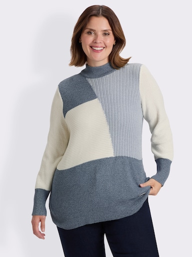 Langarm-Pullover mit Color-Blocking-Muster - rauchblau-ecru-meliert