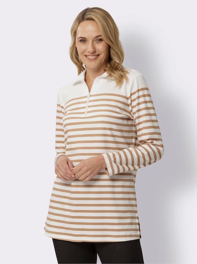 Longsweatshirt aus reiner Baumwolle - ecru-camel-gestreift