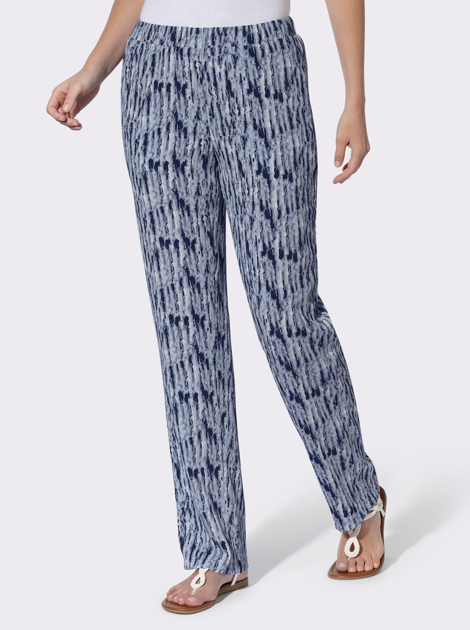 Comfortbroek met wijde pijpen - marine + duifblauw/ecru bedrukt
