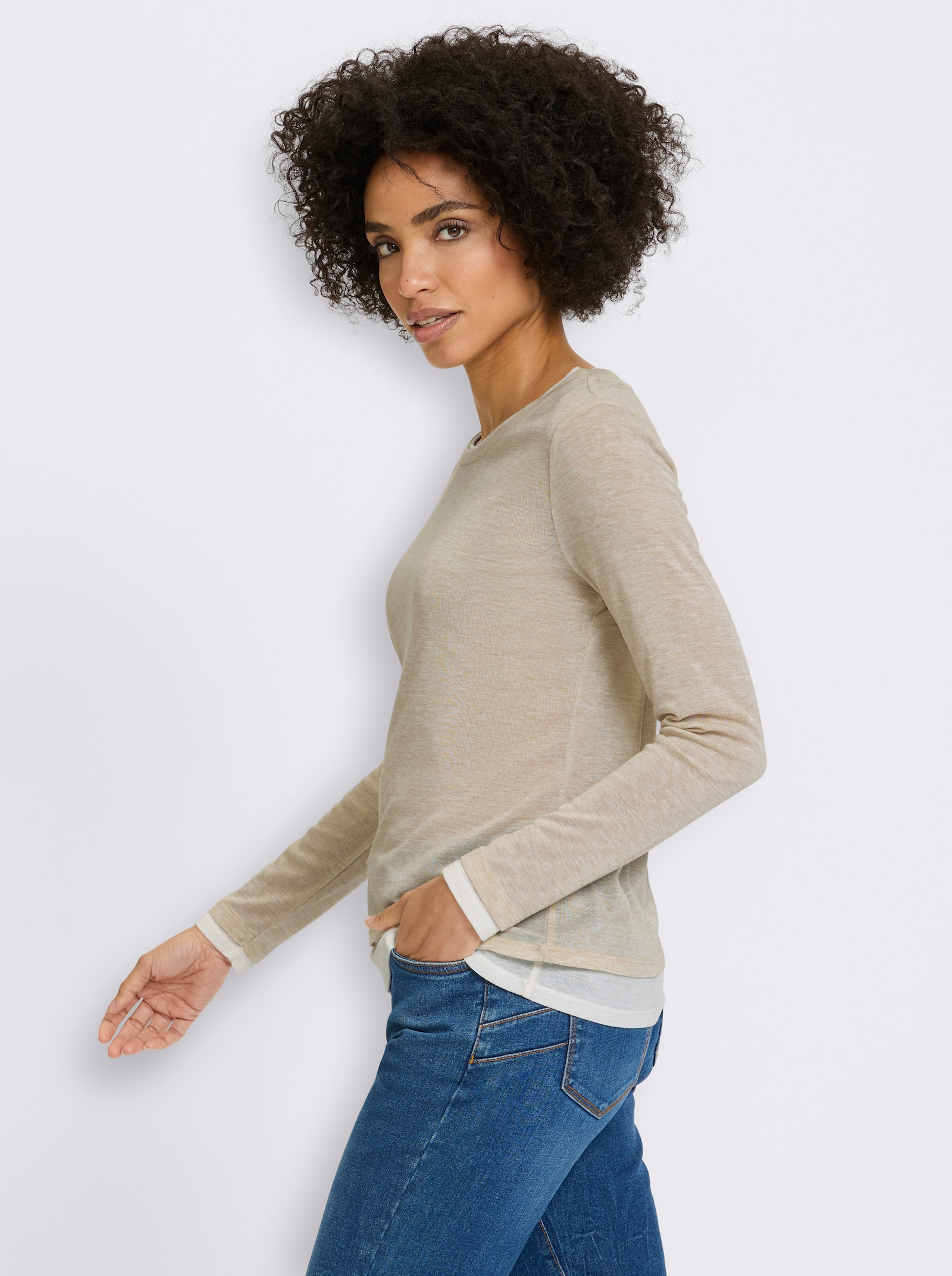 heine 2-in-1-shirt met lange mouwen en contrastkleurige boorden - zand gemêleerd