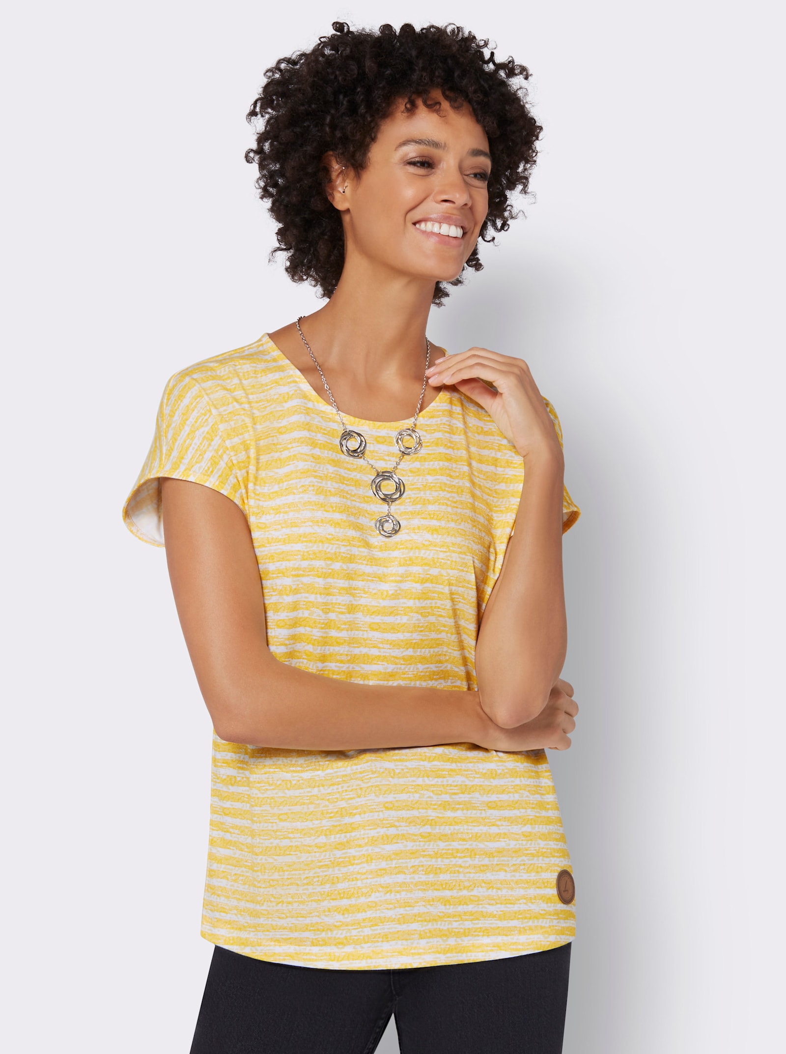 Rundhalsshirt mit weicher Baumwolle - sonnengelb-ecru-geringelt