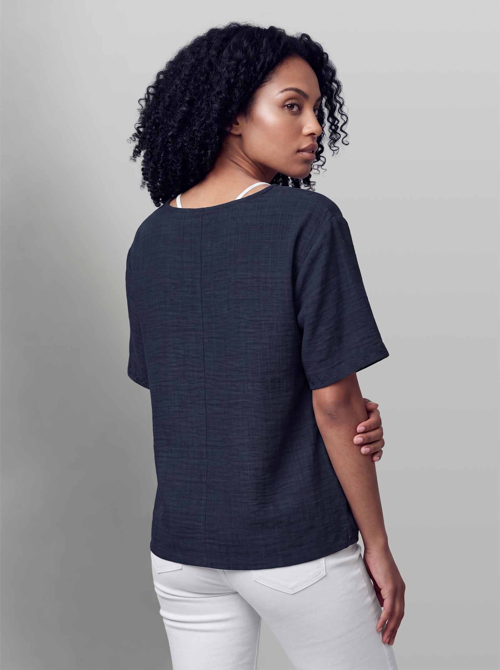 heine Kurzarm-Bluse mit Stickerei - marine
