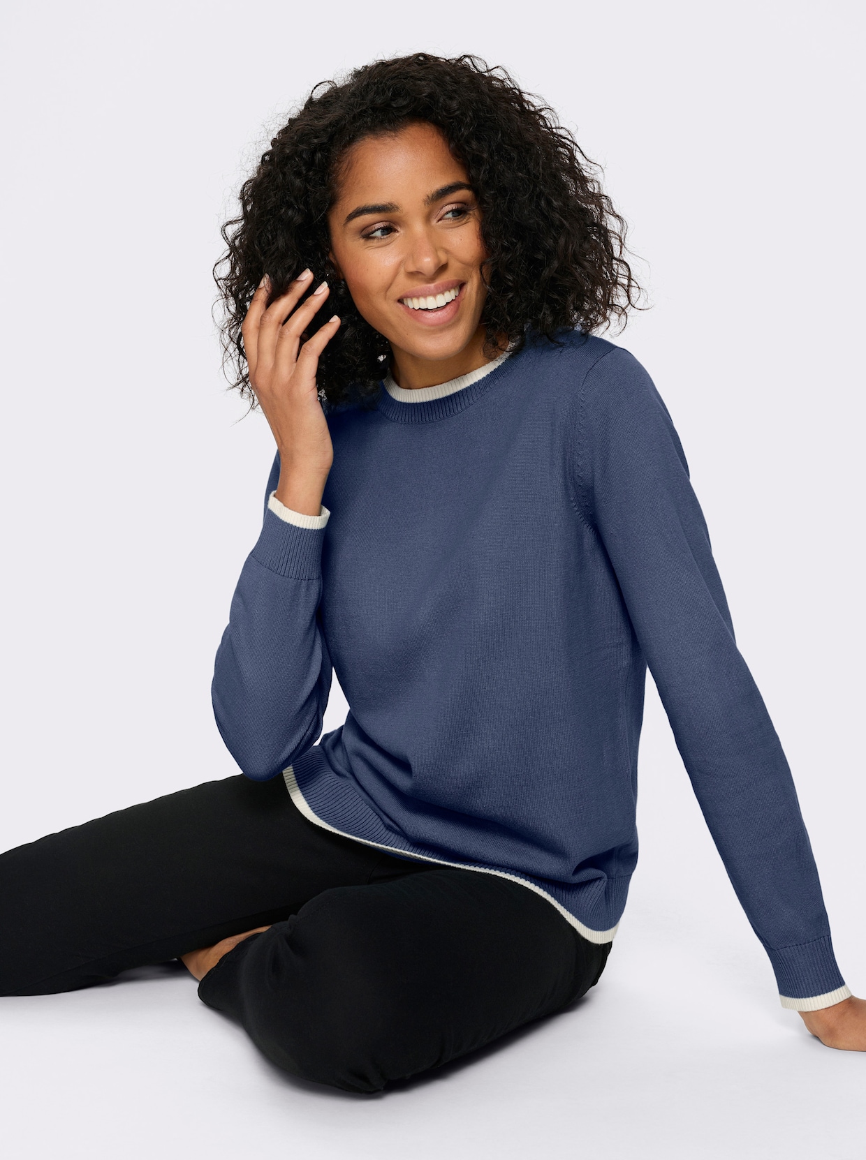 Langarm-Pullover in Baumwoll-Qualität - jeansblau-ecru