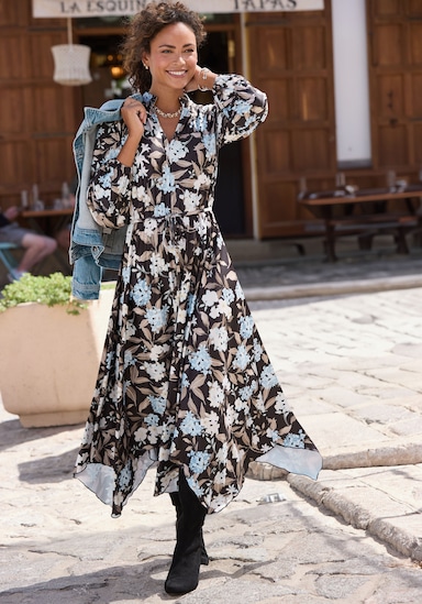 LASCANA Midikleid - schwarz-braun-blau bedruckt