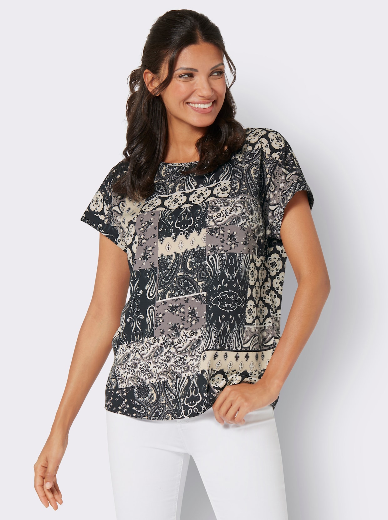 Comfortabele blouse - zwart/zand geprint