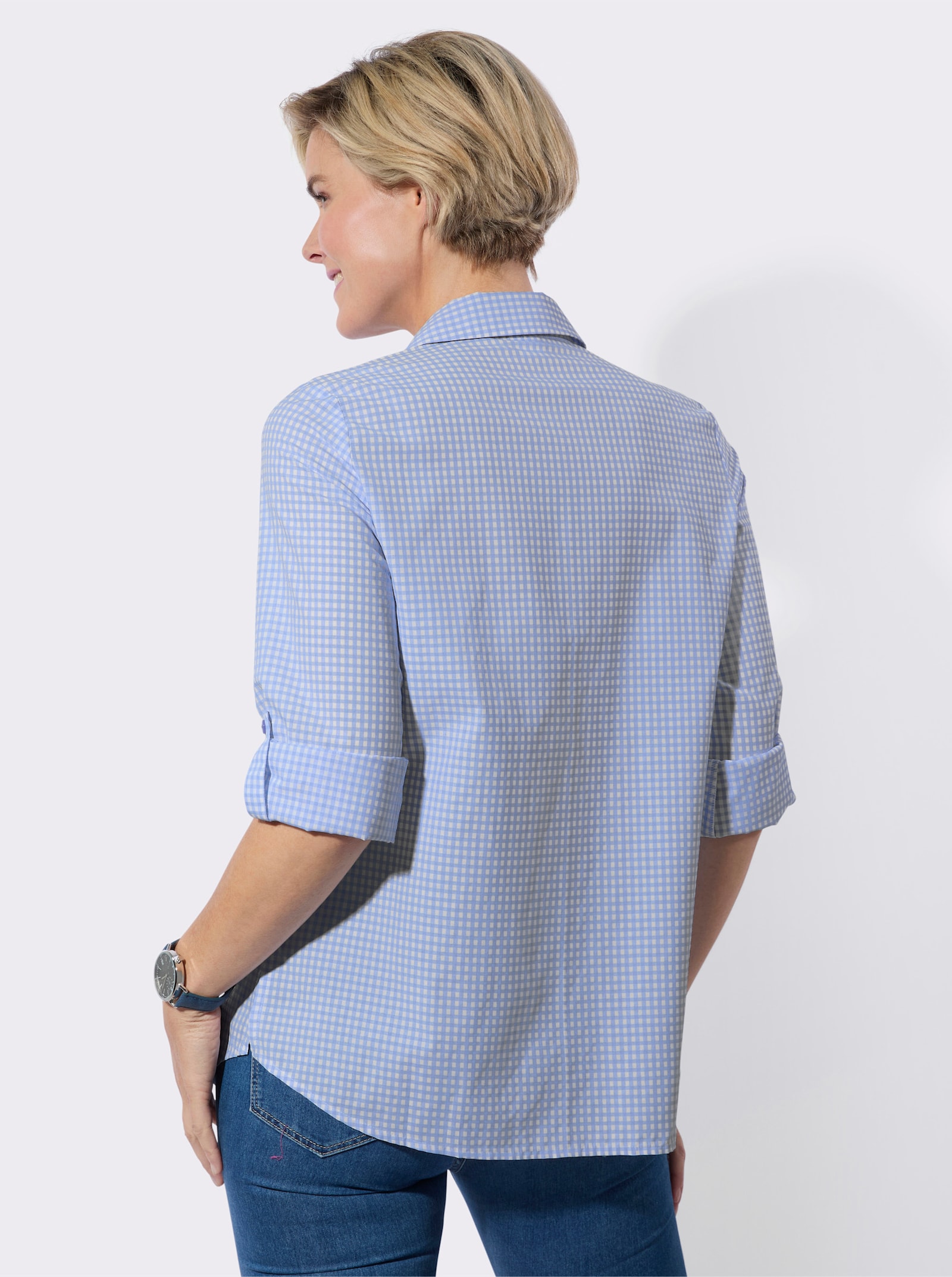 Longbluse im pflegeleichten Materialmix - himmelblau-weiss-kariert