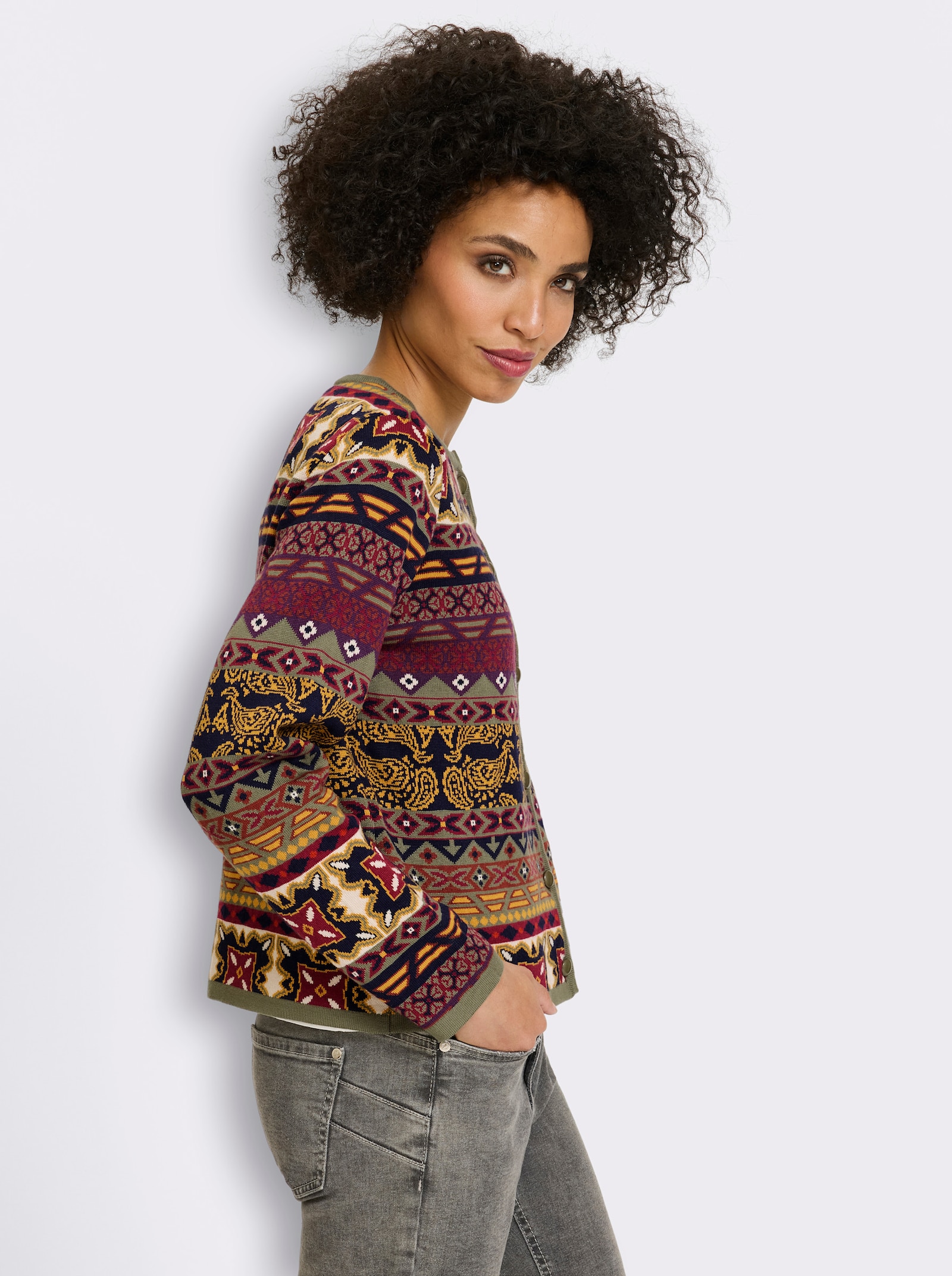 heine Jacquardvest in bonte kleurenmix - marine/oker gedessineerd